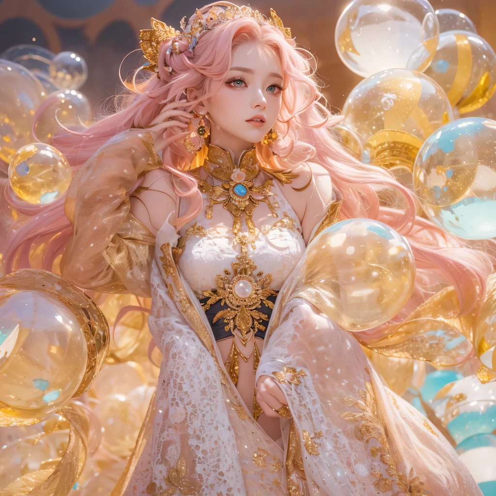 Peach Velvet Series,Peach-colored flull颜色,enamel,agate,A flesh-colored world,Blood Blue Maiden 32k(masterpiece,HD,Aoyama Pond,Ultra high quality,32k)Bright pink long flowing hair,blood pool,Ziddink, a color,Grumpy (After greeting), (Linen scarf), fighting stance, looking at the ground, light pink long hair, Floating bright blue, Fire cloud gold headdress, Chinese long-sleeved gold silk burgundy garment, (Abstract metaverse splash:1.2), White background,Peony flower vitality protector(realistically:1.4),Peach-colored flull,Smoke on the road,The background is very pure, high resolution, detail, RAW photos, Sharp Re, Nikon D850 film photo by Jefferies Lee 4 Kodak Portra 400 camera F1.6 guns, colorful, Ultra-realistic and vivid textures, dramatic lighting, Unreal Engine Art Station Trend, Sinest 800,Long flowing girl peach hair,Huge colorful bubbles light pink
