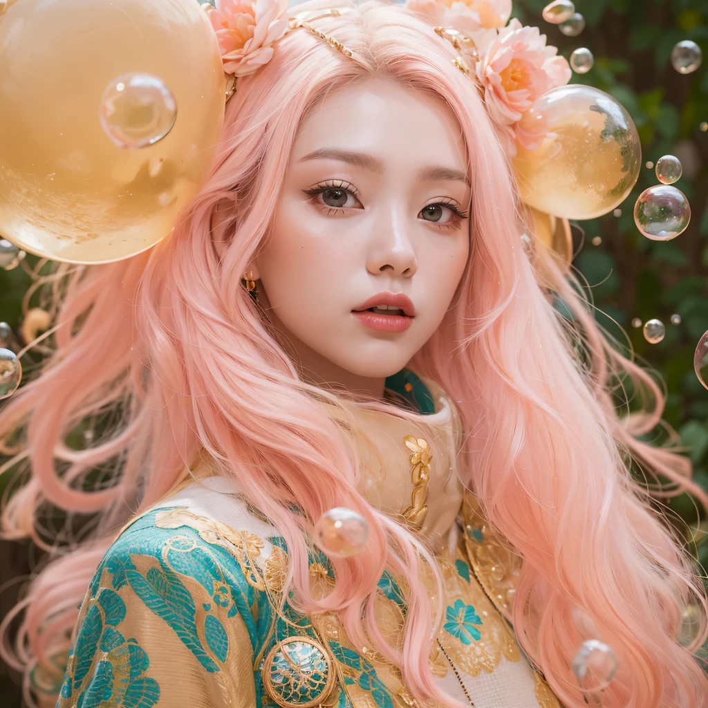 Peach Velvet Series,Peach-colored flull颜色,enamel,agate,A flesh-colored world,Blood Blue Maiden 32k(masterpiece,HD,Aoyama Pond,Ultra high quality,32k)Bright pink long flowing hair,blood pool,Ziddink, a color,Grumpy (After greeting), (Linen scarf), fighting stance, looking at the ground, light pink long hair, Floating bright blue, Fire cloud gold headdress, Chinese long-sleeved gold silk burgundy garment, (Abstract metaverse splash:1.2), White background,Peony flower vitality protector(realistically:1.4),Peach-colored flull,Smoke on the road,The background is very pure, high resolution, detail, RAW photos, Sharp Re, Nikon D850 film photo by Jefferies Lee 4 Kodak Portra 400 camera F1.6 guns, colorful, Ultra-realistic and vivid textures, dramatic lighting, Unreal Engine Art Station Trend, Sinest 800,Long flowing girl peach hair,Huge colorful bubbles light pink