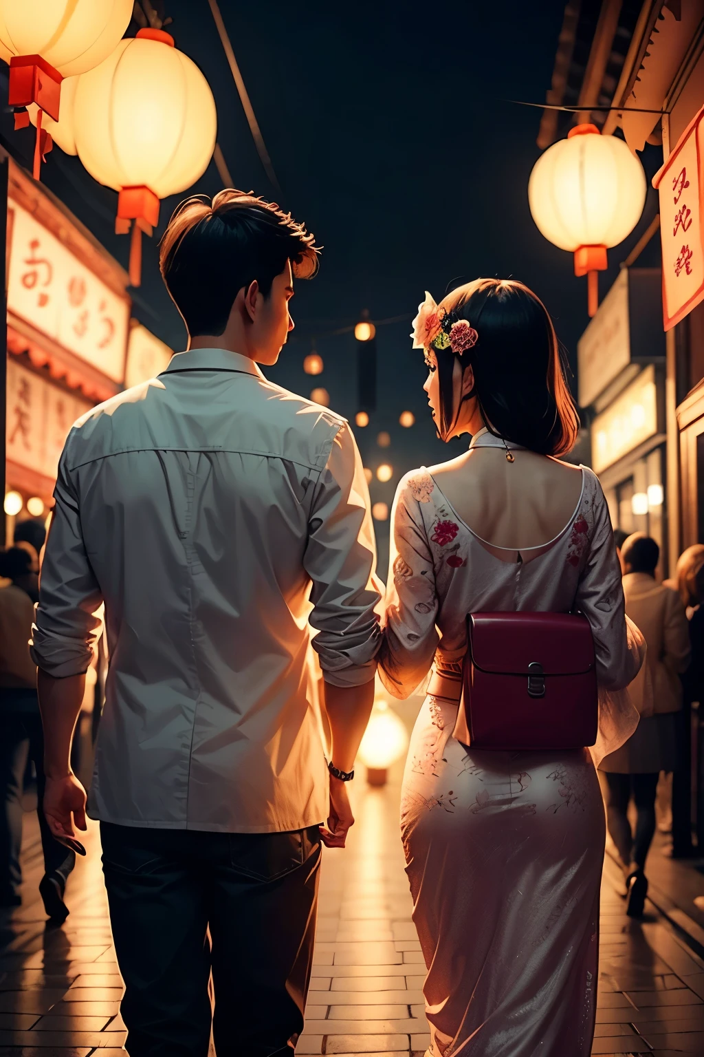 Back view of couple in romantic atmosphere during Lantern Festival,Lots of lanterns to guess lantern riddles,national trend