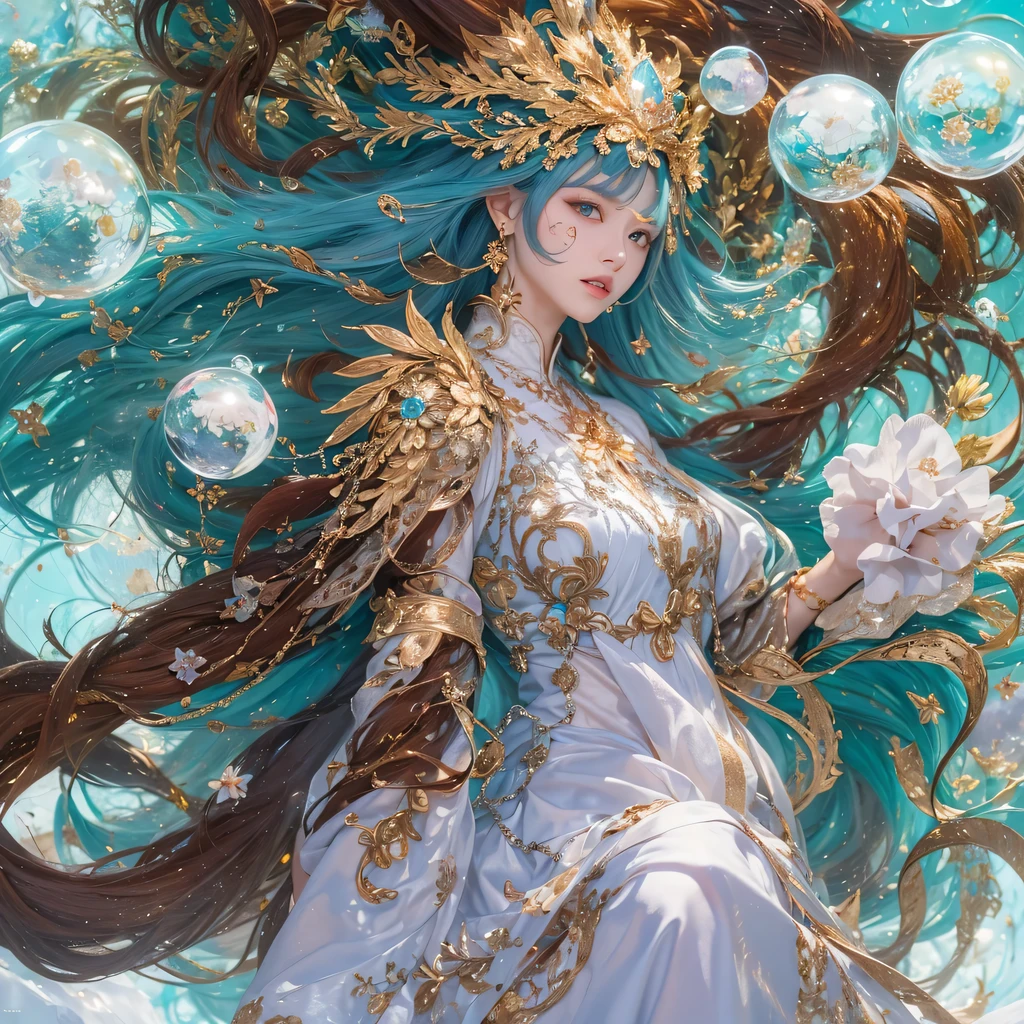 Yellow blue colors,enamel,agate,A flesh-colored world,Blood Blue Maiden 32k(masterpiece,HD,Aoyama Pond,Ultra high quality,32k)long flowing bright blue hair,blood pool,Ziddink, a color,Grumpy (After greeting), (Linen scarf), fighting stance, looking at the ground, long white hair, Floating bright blue, Fire cloud gold headdress, Chinese long-sleeved gold silk burgundy garment, (Abstract metaverse splash:1.2), White background,Peony flower vitality protector(realistically:1.4),bright purple hair,Smoke on the road,The background is very pure, high resolution, detail, RAW photos, Sharp Re, Nikon D850 film photo by Jefferies Lee 4 Kodak Portra 400 camera F1.6 guns, colorful, Ultra-realistic and vivid textures, dramatic lighting, Unreal Engine Art Station Trend, Sinest 800,一个有着long flowing bright blue hair的女孩,huge colorful bubbles
