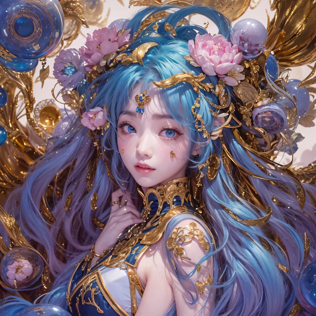 Yellow blue colors,enamel,agate,A flesh-colored world,Blood Blue Maiden 32k(masterpiece,HD,Aoyama Pond,Ultra high quality,32k)long flowing bright blue hair,blood pool,Ziddink, a color,Grumpy (After greeting), (Linen scarf), fighting stance, looking at the ground, long white hair, Floating bright blue, Fire cloud gold headdress, Chinese long-sleeved gold silk burgundy garment, (Abstract metaverse splash:1.2), White background,Peony flower vitality protector(realistically:1.4),bright purple hair,Smoke on the road,The background is very pure, high resolution, detail, RAW photos, Sharp Re, Nikon D850 film photo by Jefferies Lee 4 Kodak Portra 400 camera F1.6 guns, colorful, Ultra-realistic and vivid textures, dramatic lighting, Unreal Engine Art Station Trend, Sinest 800,一个有着long flowing bright blue hair的女孩,huge colorful bubbles