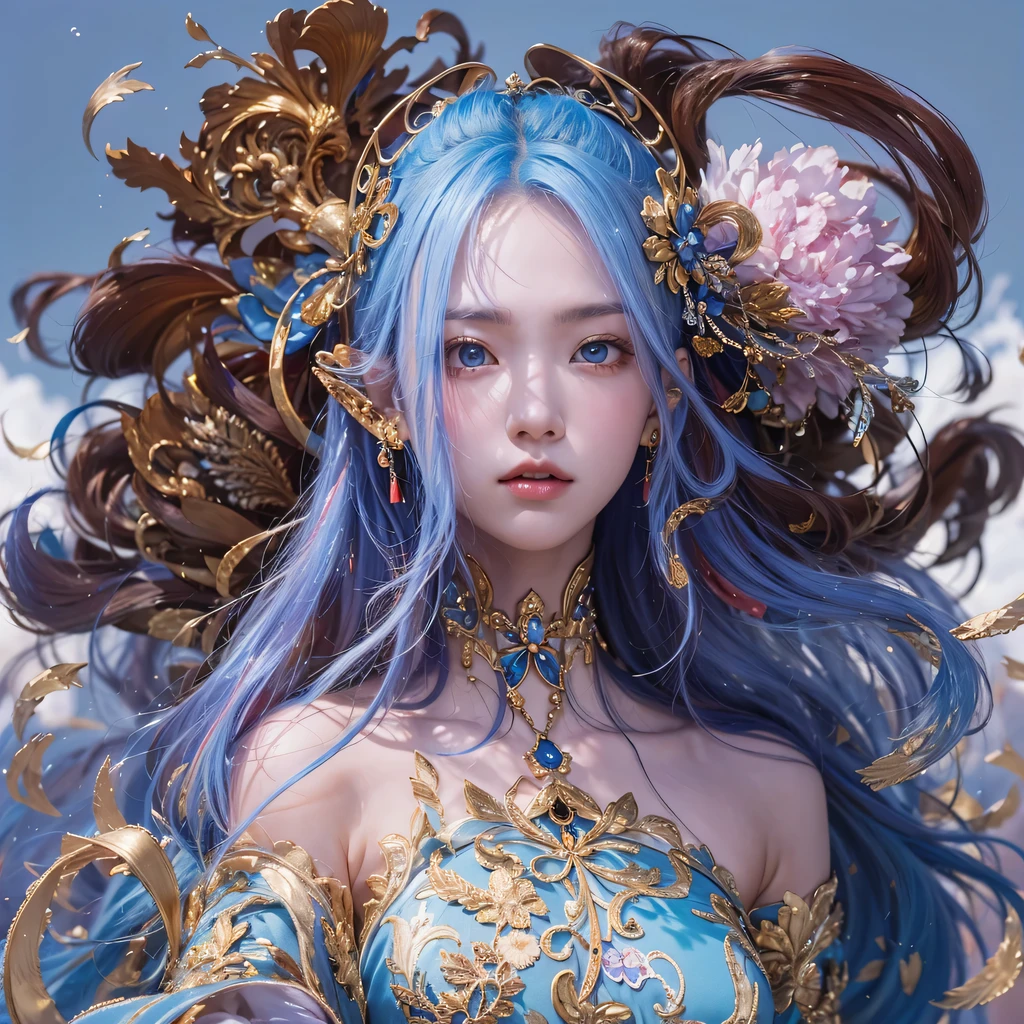 Yellow blue colors,enamel,agate,A flesh-colored world,Blood Blue Maiden 32k(masterpiece,HD,Aoyama Pond,Ultra high quality,32k)long flowing bright blue hair,blood pool,Ziddink, a color,Grumpy (After greeting), (Linen scarf), fighting stance, looking at the ground, long white hair, Floating bright blue, Fire cloud gold headdress, Chinese long-sleeved gold silk burgundy garment, (Abstract metaverse splash:1.2), White background,Peony flower vitality protector(realistically:1.4),bright purple hair,Smoke on the road,The background is very pure, high resolution, detail, RAW photos, Sharp Re, Nikon D850 film photo by Jefferies Lee 4 Kodak Portra 400 camera F1.6 guns, colorful, Ultra-realistic and vivid textures, dramatic lighting, Unreal Engine Art Station Trend, Sinest 800,一个有着long flowing bright blue hair的女孩,huge colorful bubbles