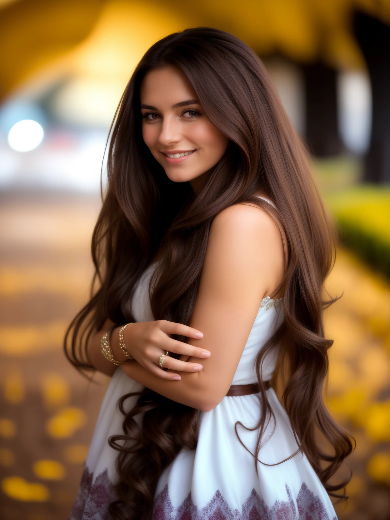 A beautiful argentinian woman with long brown hair and a white dress, beautiful long brown hair, long brown hair, brown colored long hair, long hair girl, long flowing brown hair, long brunette hair, dark brown colored long hair, long glowing hair, brown long hair, appealing long hair, pretty long hair, beautiful and smiling, girl with dark brown hair.
