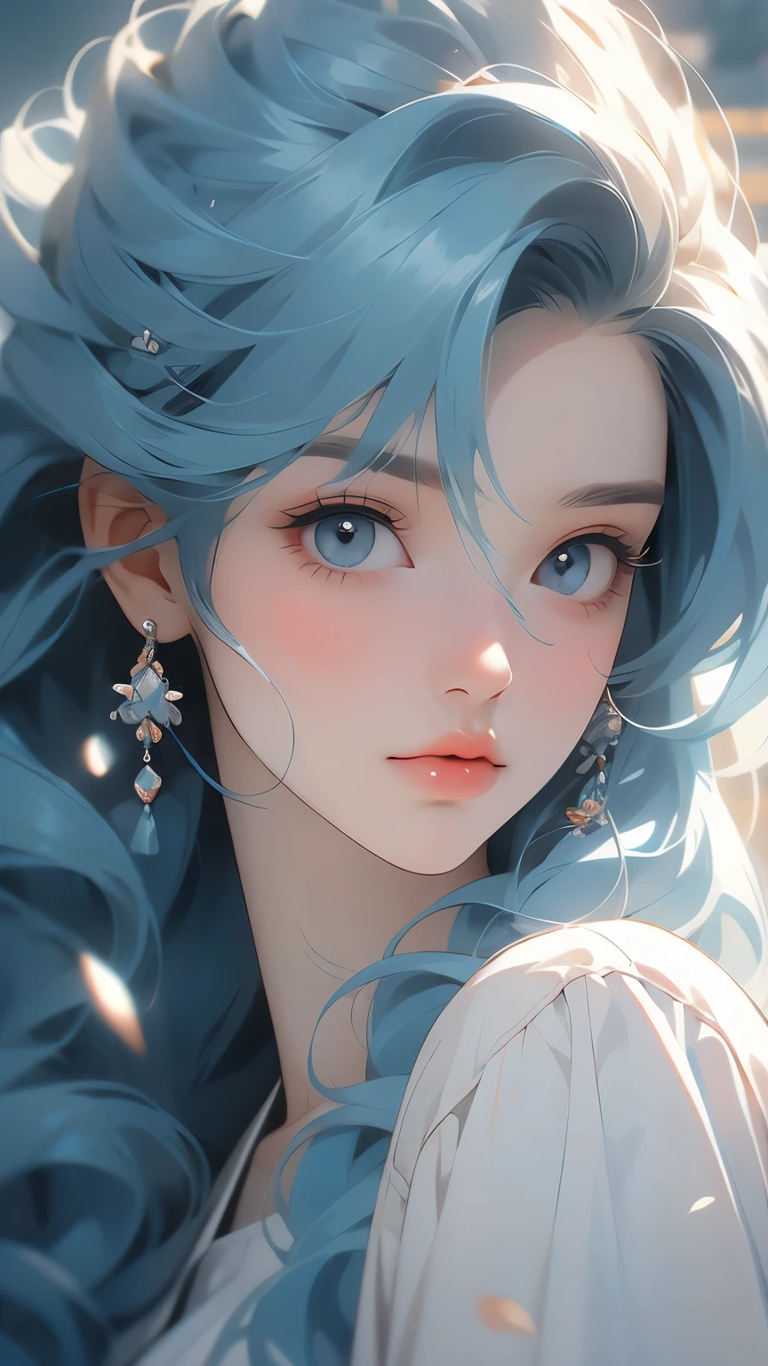 1 girl with long light blue hair, white skirt, close-up of face