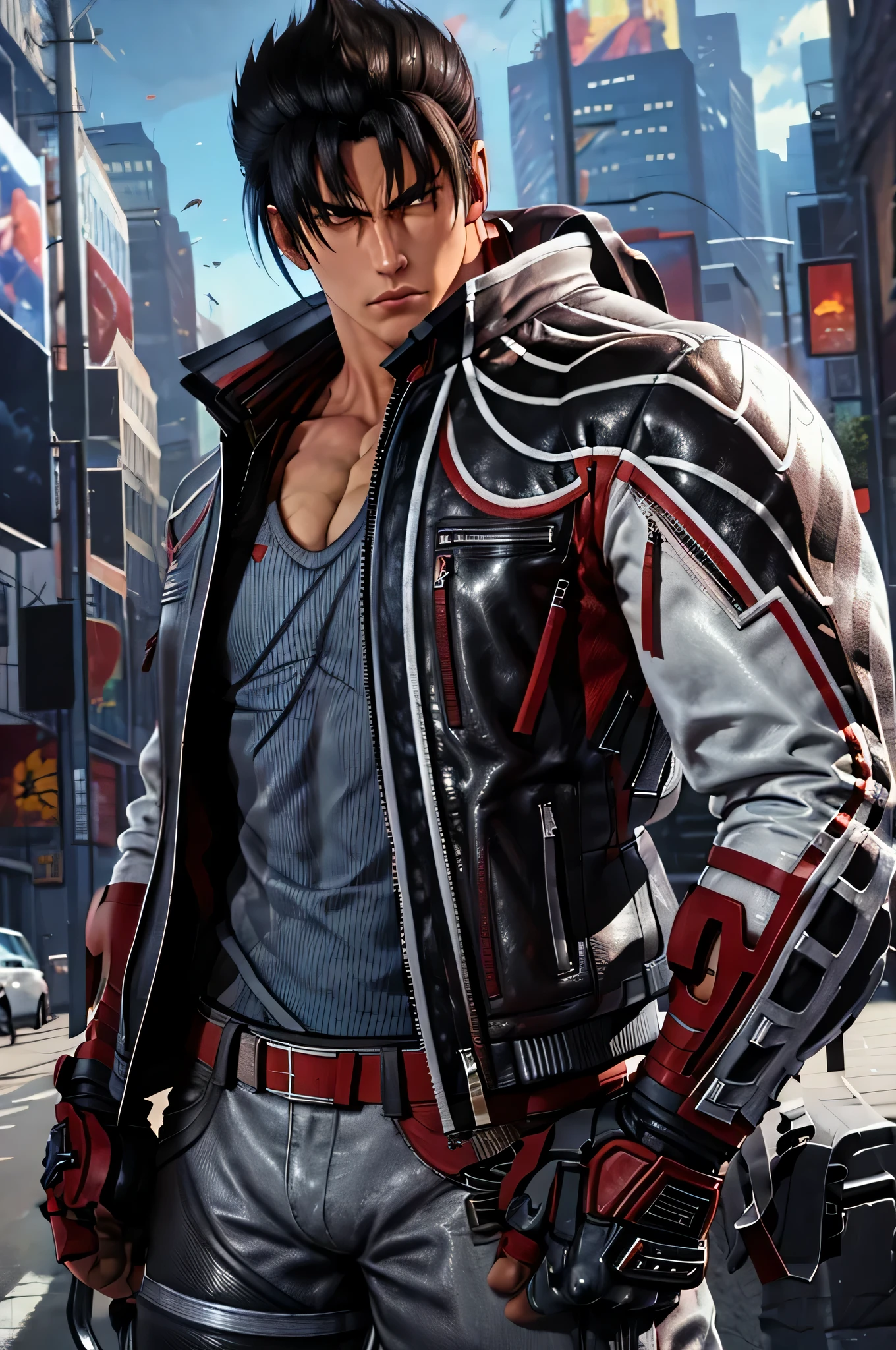 male focus, jin kazama, jacket, zipper, fighting stance, pants, fingerless gloves, shirt, boots, upper body masterpiece, best quality, absurdres,
