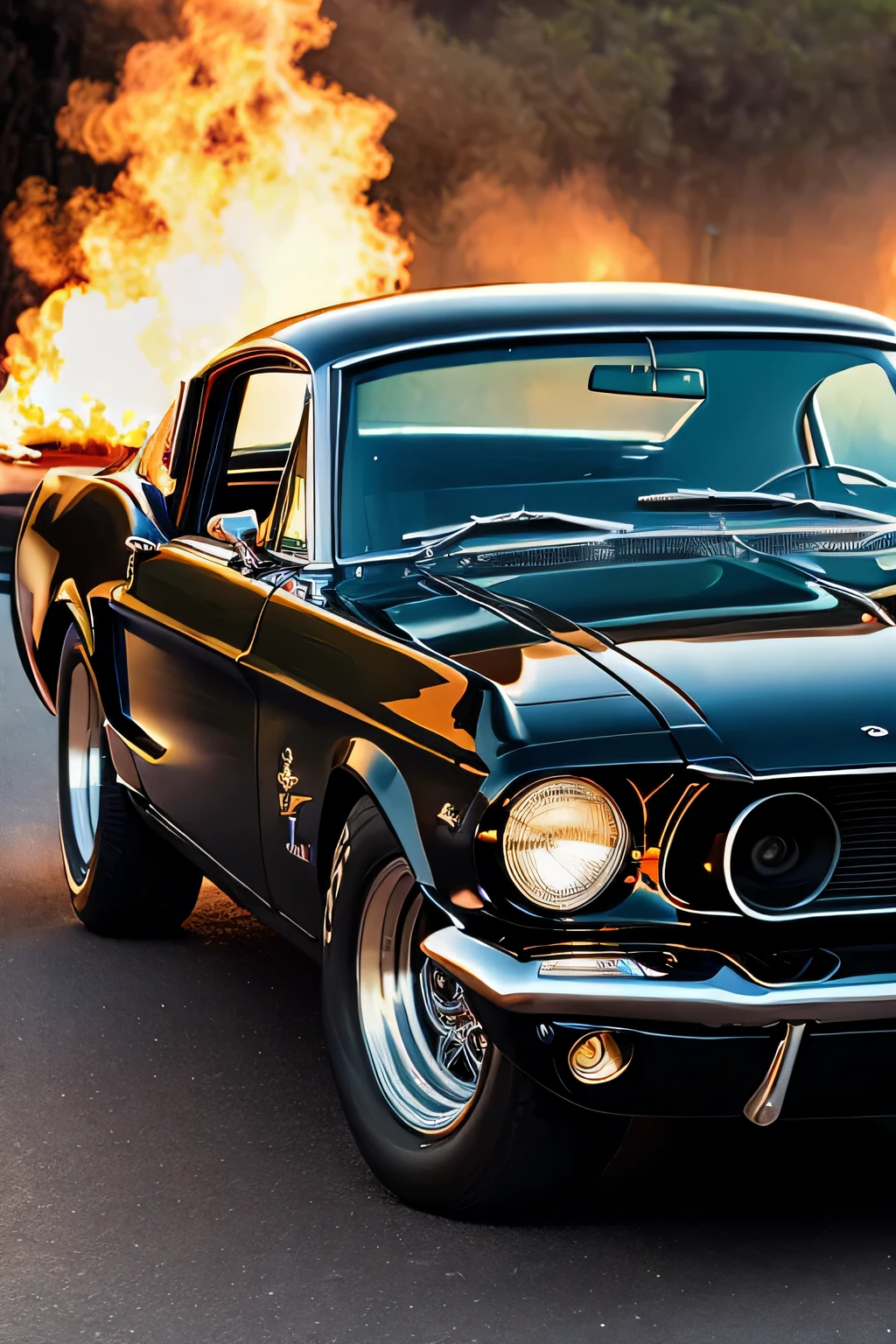 imagem de um mustang fastback 1959 COLOR BLACK METALLIC REFLECTIVE, reflete tudo ao seu redor, The wheels are thick, tem RODA ESTRELA LARGA DOURADA, The front wheel is on fire, There's a pretty girl with perfect face, Linda, Linda, loira, com vestido e salto alto, She's sitting on the front hood, foto de corpo inteiro, Diagonal angle, dentro de uma garagem simples com paredes brancas, obra prima, Ultra realista, foto inteira, enquadrado perfeito na foto, imagem de cinema, artistic work