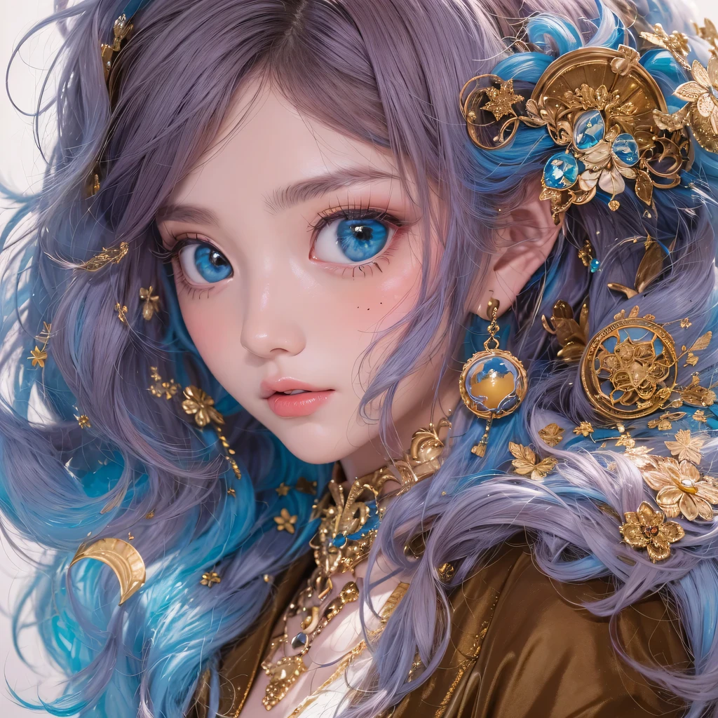 Yellow blue colors,enamel,agate,A flesh-colored world,Blood Blue Maiden 32k(masterpiece,HD,Aoyama Pond,Ultra high quality,32k)long flowing bright blue hair,blood pool,Ziddink, a color,Grumpy (After greeting), (Linen scarf), fighting stance, looking at the ground, long white hair, Floating bright blue, Fire cloud gold headdress, Chinese long-sleeved gold silk burgundy garment, (Abstract metaverse splash:1.2), White background,Peony flower vitality protector(realistically:1.4),bright purple hair,Smoke on the road,The background is very pure, high resolution, detail, RAW photos, Sharp Re, Nikon D850 film photo by Jefferies Lee 4 Kodak Portra 400 camera F1.6 guns, colorful, Ultra-realistic and vivid textures, dramatic lighting, Unreal Engine Art Station Trend, Sinest 800,一个有着long flowing bright blue hair的女孩,huge colorful bubbles