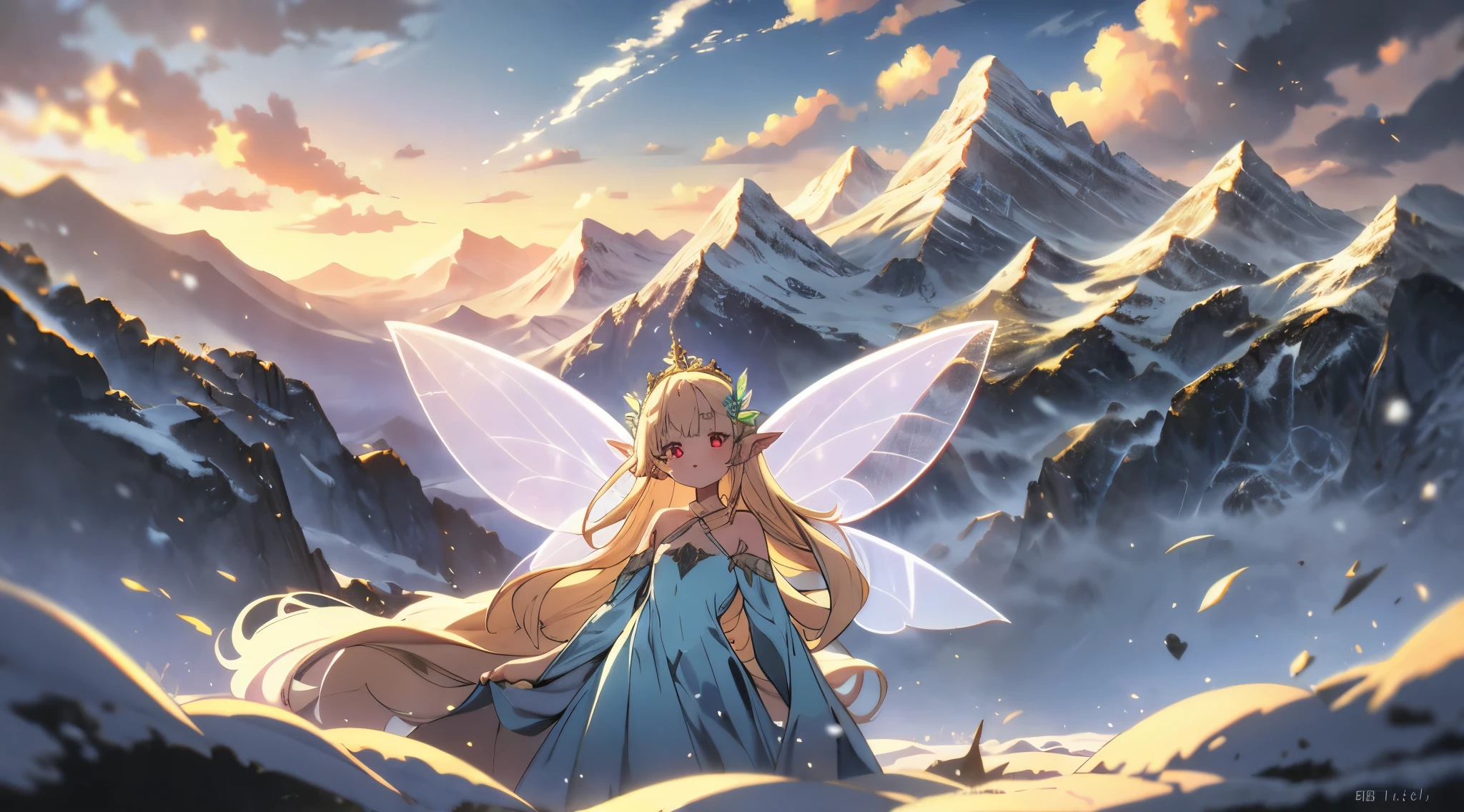 Original character, Volumetric lighting, The best shadows, shallow depth of field, beautiful fairy against the backdrop of mountains and nature, (top quality, amazing details:1.25), (One:1.3), Brilliant colorful paintings, incredible landscape, 8K, bright blue tones, пастельные clouds, very detailed and magical lighting, like it&#39;s a cinematic background, 2 thousand., maximum quality, Masterpiece, clouds, Summer, белые clouds, white majestic mountains, (((tiny fairy in the foreground))), sylph, fairy of the air, long white hair, Red eyes, Sun Ray, Wide Angle, Best quality, 8K, perspective, depth of field, A high resolution, small parts, Ultra Detail, sharp focus, fabulous atmosphere, fairy dust, a lot of sparks and glare, grassy fields, Pure landscape, Deep Focus, hips, Snow-capped mountains are visible in the distance, ray tracing and surrealism