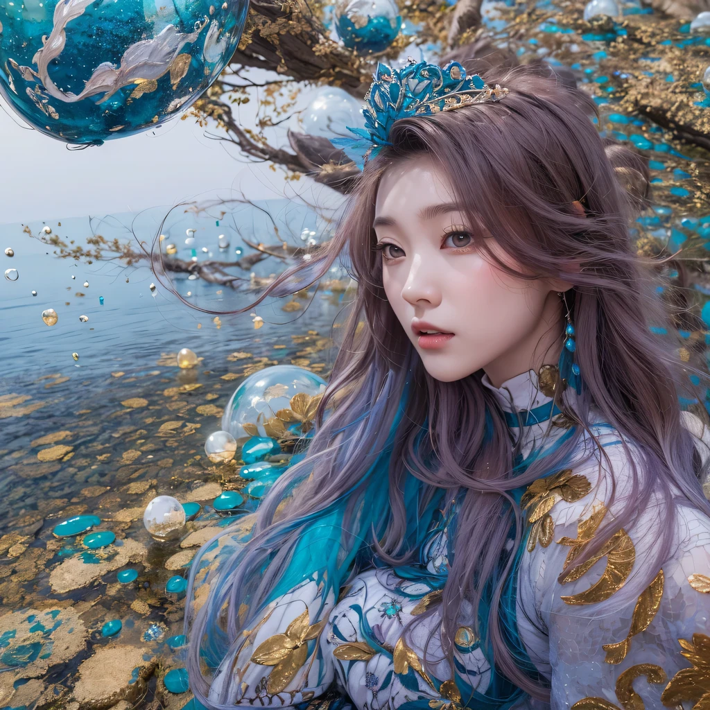 Yellow blue colors,enamel,agate,A flesh-colored world,Blood Blue Maiden 32k(masterpiece,HD,Aoyama Pond,Ultra high quality,32k)long flowing bright blue hair,blood pool,Ziddink, a color,Grumpy (After greeting), (Linen scarf), fighting stance, looking at the ground, long white hair, Floating bright blue, Fire cloud gold headdress, Chinese long-sleeved gold silk burgundy garment, (Abstract metaverse splash:1.2), White background,Peony flower vitality protector(realistically:1.4),bright purple hair,Smoke on the road,The background is very pure, high resolution, detail, RAW photos, Sharp Re, Nikon D850 film photo by Jefferies Lee 4 Kodak Portra 400 camera F1.6 guns, colorful, Ultra-realistic and vivid textures, dramatic lighting, Unreal Engine Art Station Trend, Sinest 800,一个有着long flowing bright blue hair的女孩,huge colorful bubbles