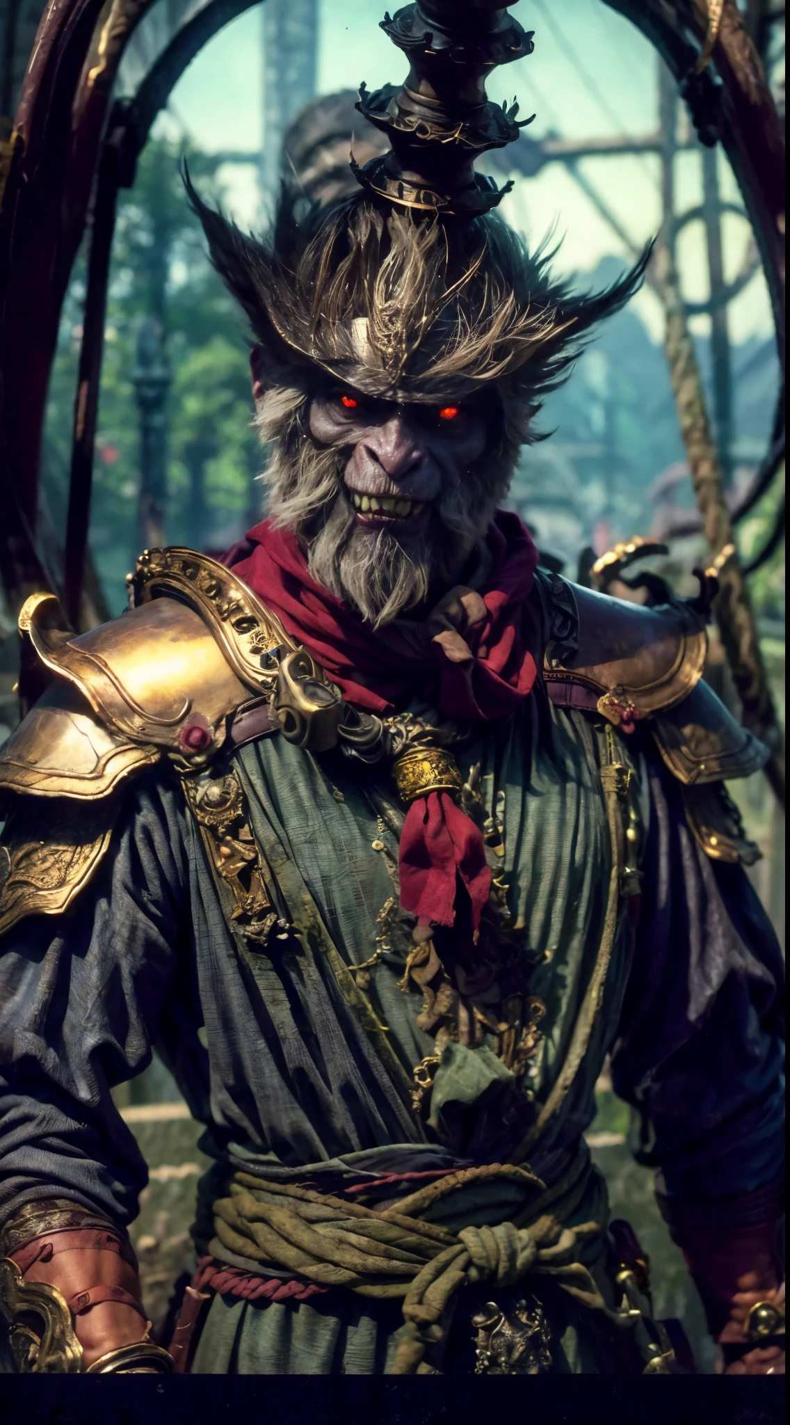 (irascible, irate,Qi Tian Great Sage,Monkey king,A high resolution, super-fine), (Sharp-billed monkey gills), Tour of the Dark West,pan(((Red glowing eyes)))looks into camera, evil look, Clear facial features, (Golden Hoop Curse),On his shoulder hangs a long golden stick。, to grin, Monkey teeth exposed, Dressed in gorgeous armor, The red scarf sways in the wind,Monkey King's face, Shoulder armor youkai skeleton decoration, 火焰, Sit on Yokai Head Mountain, Kingly temperament, Full body photo, cinematic rim light, The light is delicate, tmasterpiece, ultra - detailed, Epic composition, Super HD, high qulity, HighestQuali, 32K, grin, poison fangs