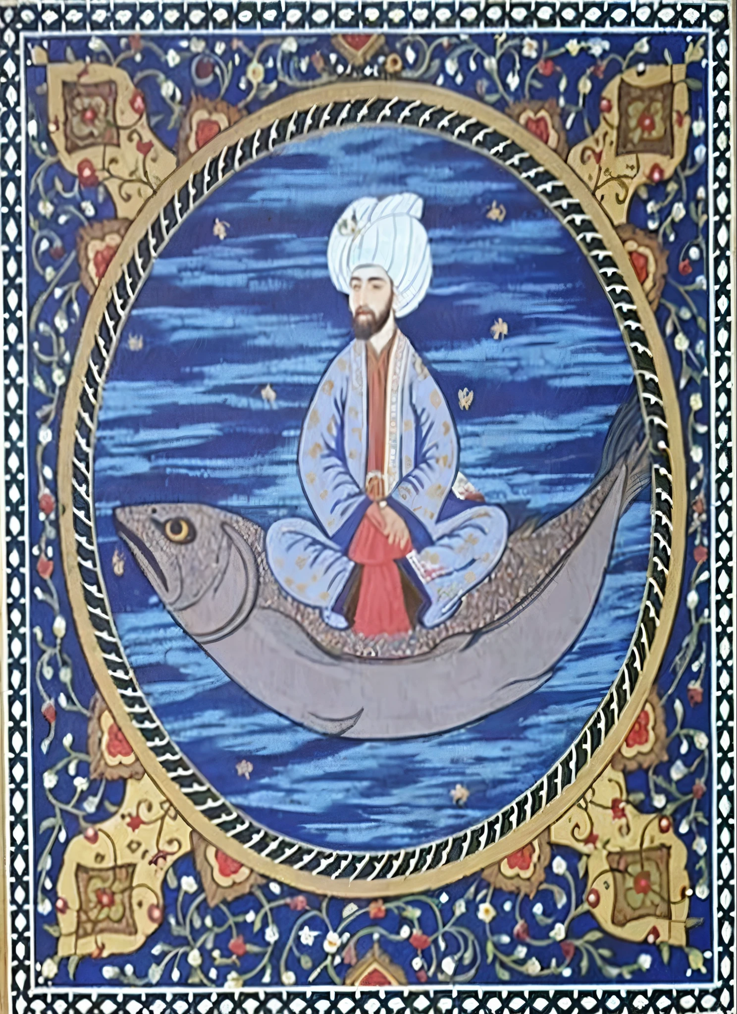 a painting of a man sitting on a boat with a fish, ottoman miniature style, persian folktale art style, inspired by Osman Hamdi Bey, persian folktale artstyle, persian folklore illustration, by Kamāl ud-Dīn Behzād, inspired by Kamāl ud-Dīn Behzād
