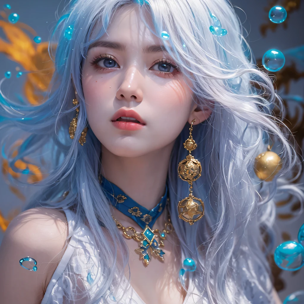 Yellow blue colors，enamel，agate，A flesh-colored world，Blood Blue Maiden 32k（masterpiece，HD，Aoyama Pond，Ultra high quality，32k）long flowing bright blue hair，blood pool，Ziddink， a color，Grumpy （After greeting）， （Linen scarf）， fighting stance， looking at the ground， long white hair， Floating bright blue， Fire cloud gold headdress， Chinese long-sleeved gold silk burgundy garment， （Abstract metaverse splash：1.2）， White background，Peony flower vitality protector（realistically：1.4），bright purple hair，Smoke on the road，The background is very pure， high resolution， detail， RAW photos， Sharp Re， Nikon D850 film photo by Jefferies Lee 4 Kodak Portra 400 camera F1.6 guns, colorful, Ultra-realistic and vivid textures, dramatic lighting, Unreal Engine Art Station Trend, Sinest 800，一个有着long flowing bright blue hair的女孩，huge colorful bubbles