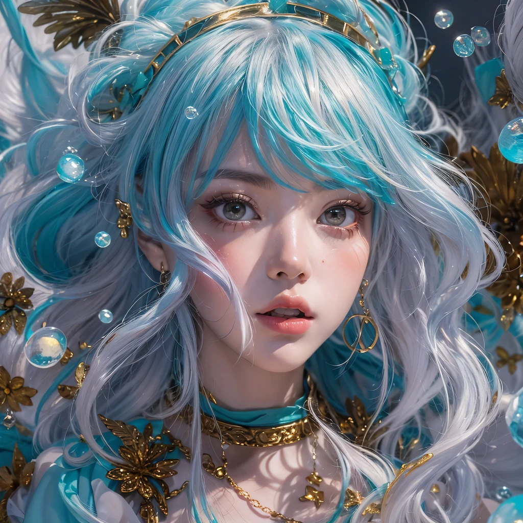 Yellow blue colors,enamel,agate,A flesh-colored world,Blood Blue Maiden 32k(masterpiece,HD,Aoyama Pond,Ultra high quality,32k)long flowing bright blue hair,blood pool,Ziddink, a color,Grumpy (After greeting), (Linen scarf), fighting stance, looking at the ground, long white hair, Floating bright blue, Fire cloud gold headdress, Chinese long-sleeved gold silk burgundy garment, (Abstract metaverse splash:1.2), White background,Peony flower vitality protector(realistically:1.4),bright purple hair,Smoke on the road,The background is very pure, high resolution, detail, RAW photos, Sharp Re, Nikon D850 film photo by Jefferies Lee 4 Kodak Portra 400 camera F1.6 guns, colorful, Ultra-realistic and vivid textures, dramatic lighting, Unreal Engine Art Station Trend, Sinest 800,一个有着long flowing bright blue hair的女孩,huge colorful bubbles