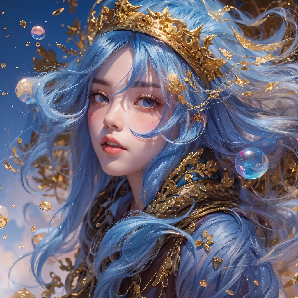 Yellow blue colors,enamel,agate,A flesh-colored world,Blood Blue Maiden 32k(masterpiece,HD,Aoyama Pond,Ultra high quality,32k)long flowing bright blue hair,blood pool,Ziddink, a color,Grumpy (After greeting), (Linen scarf), fighting stance, looking at the ground, long white hair, Floating bright blue, Fire cloud gold headdress, Chinese long-sleeved gold silk burgundy garment, (Abstract metaverse splash:1.2), White background,Peony flower vitality protector(realistically:1.4),bright purple hair,Smoke on the road,The background is very pure, high resolution, detail, RAW photos, Sharp Re, Nikon D850 film photo by Jefferies Lee 4 Kodak Portra 400 camera F1.6 guns, colorful, Ultra-realistic and vivid textures, dramatic lighting, Unreal Engine Art Station Trend, Sinest 800,一个有着long flowing bright blue hair的女孩,huge colorful bubbles