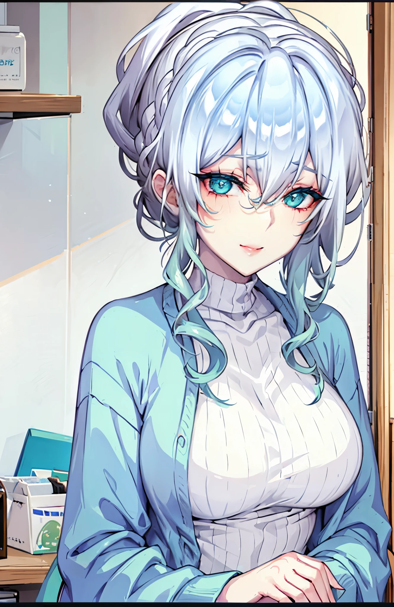 1 woman, cyan shirt, slightly bend forward, smiling charmingly, beautiful face, hair buns, white hair, close-up upper body, virgin killer sweater:0.9, no cardigan