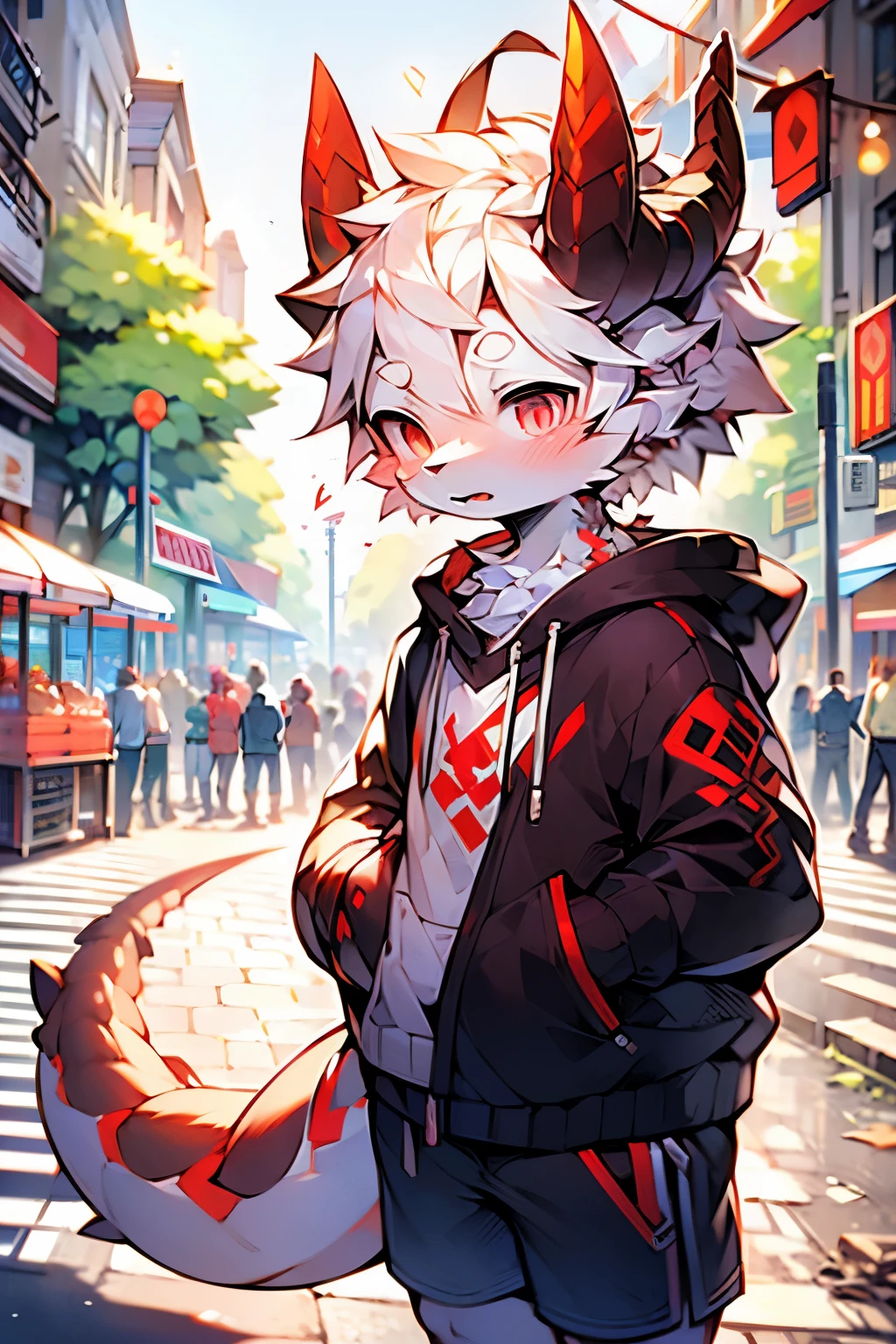 The exquisite dragon on the street has a straight horn on his forehead, a boy with white fur, white hair, red pupils and eyes, with red lines on his body, short-sleeved shorts.