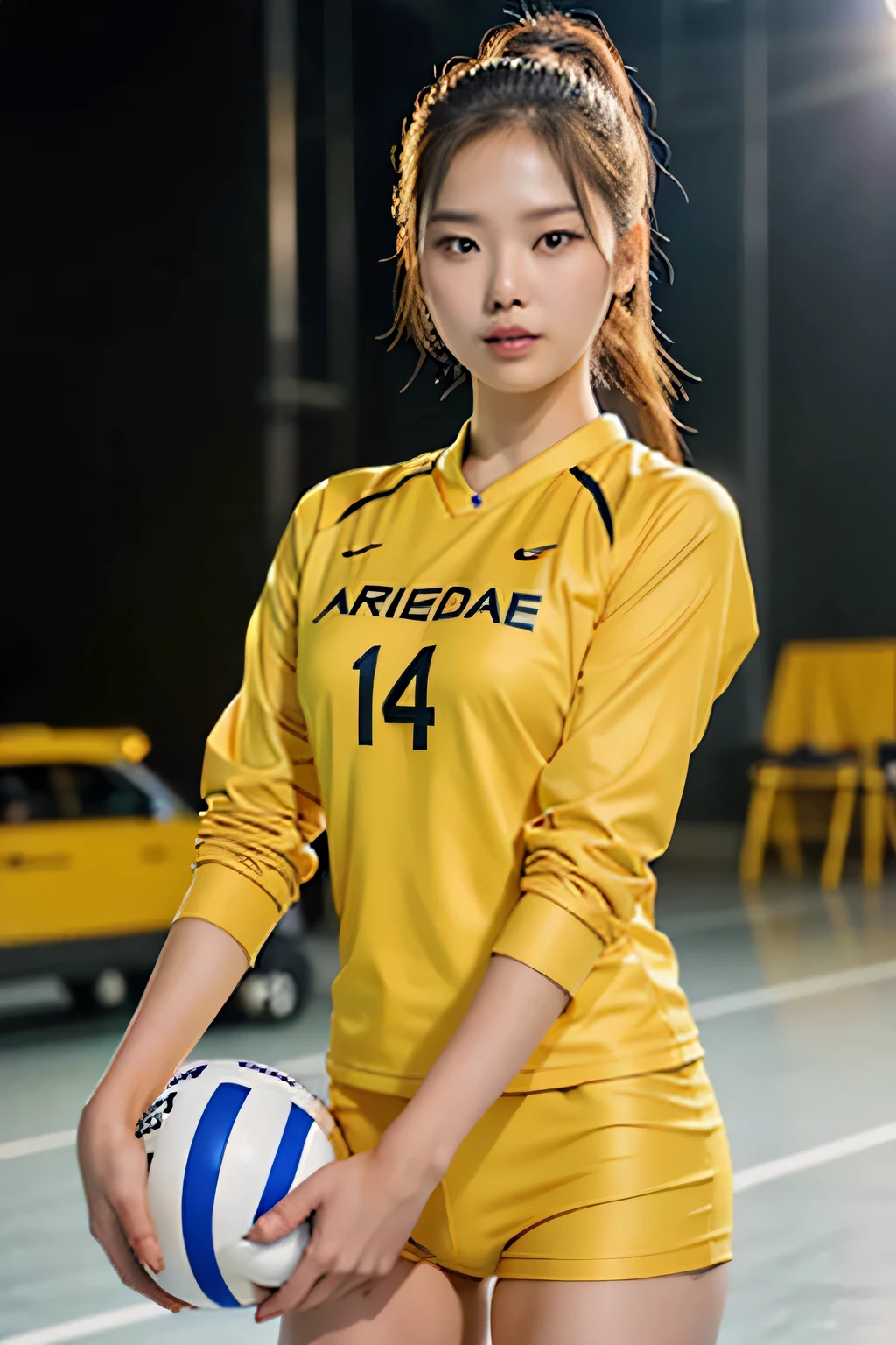 Arafe Asian woman in yellow uniform posing for a photo, wearing a volleyball jersey, Lee Ji Eun, Lee Ji Eun, korean female fashion model, Shin Min-jung, Hwang Seha, sun yunjoo, Choi Hong Hwa, Park from to, Nam Jae Young, young gi kim, with yellow cloth, chiho ashima