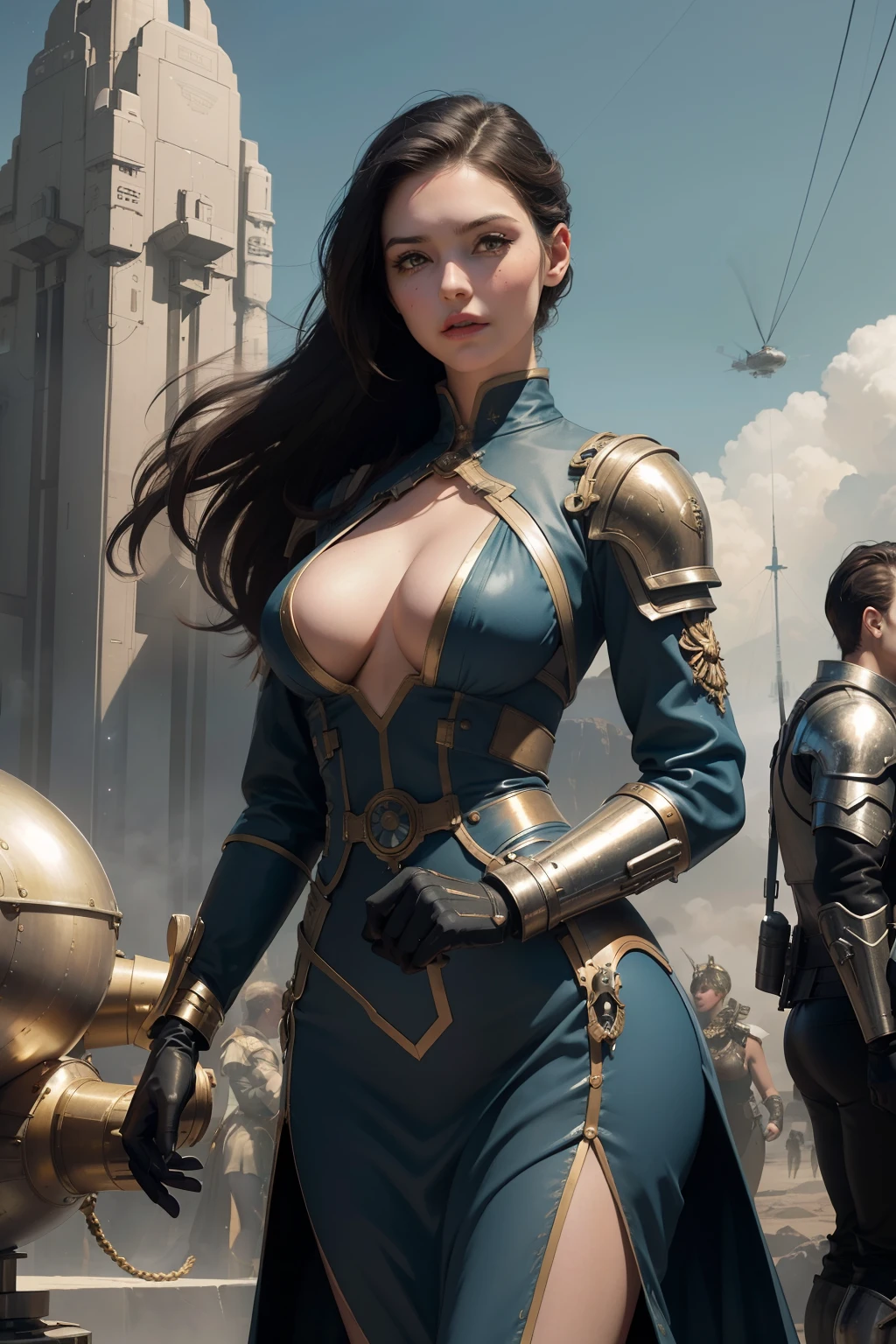 there is a woman in a futuristic dress standing in front of a bunch of people, large dieselpunk flying airships, dribbble, inspired by Gil Elvgren, fantasy paladin woman, inspired by Mark Brooks, [ bubbles, portrait of helen of troy, sci - fi : :, golden armour