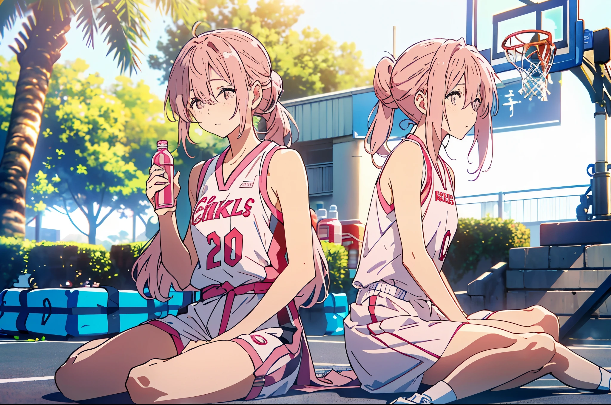one,只有one人,long pink hair,Ponytail,Wearing a white basketball jersey,Sitting next to the open-air basketball court and resting,Holding a bottle of mineral water in hand,The environment is morning,The sun shines on her body,It is full of youth