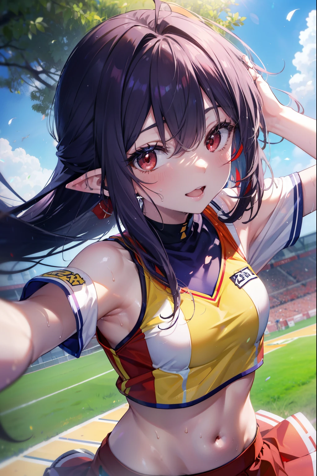 Yuki Konno, Yuki Konno, hair band, long hair, pointy ears, purple hair, (red eyes:1.5), (small breasts:1.2), open your mouth,(Very delicate eyes), (Cheerleader), (whole body), big breasts, lower, (sweaty), sweaty Wet Clothes, (yellow clothes), , navel support, playground, (jump), (jump), 足を曲げてjumpする, air, blue sky, Grass原, smile,Cheerleader, pom pom \(Cheerleader\), Grass, Breaks down at the sight of the viewer., Upper body, whole body,
rest outdoors, destroy the playground (masterpiece:1.2), highest quality, High resolution, unity 8k wallpaper, (shape:0.8), (beautiful and detailed eyes:1.6), highly detailed face, perfect lighting, Very detailed CG, (perfect hands, perfect anatomy),