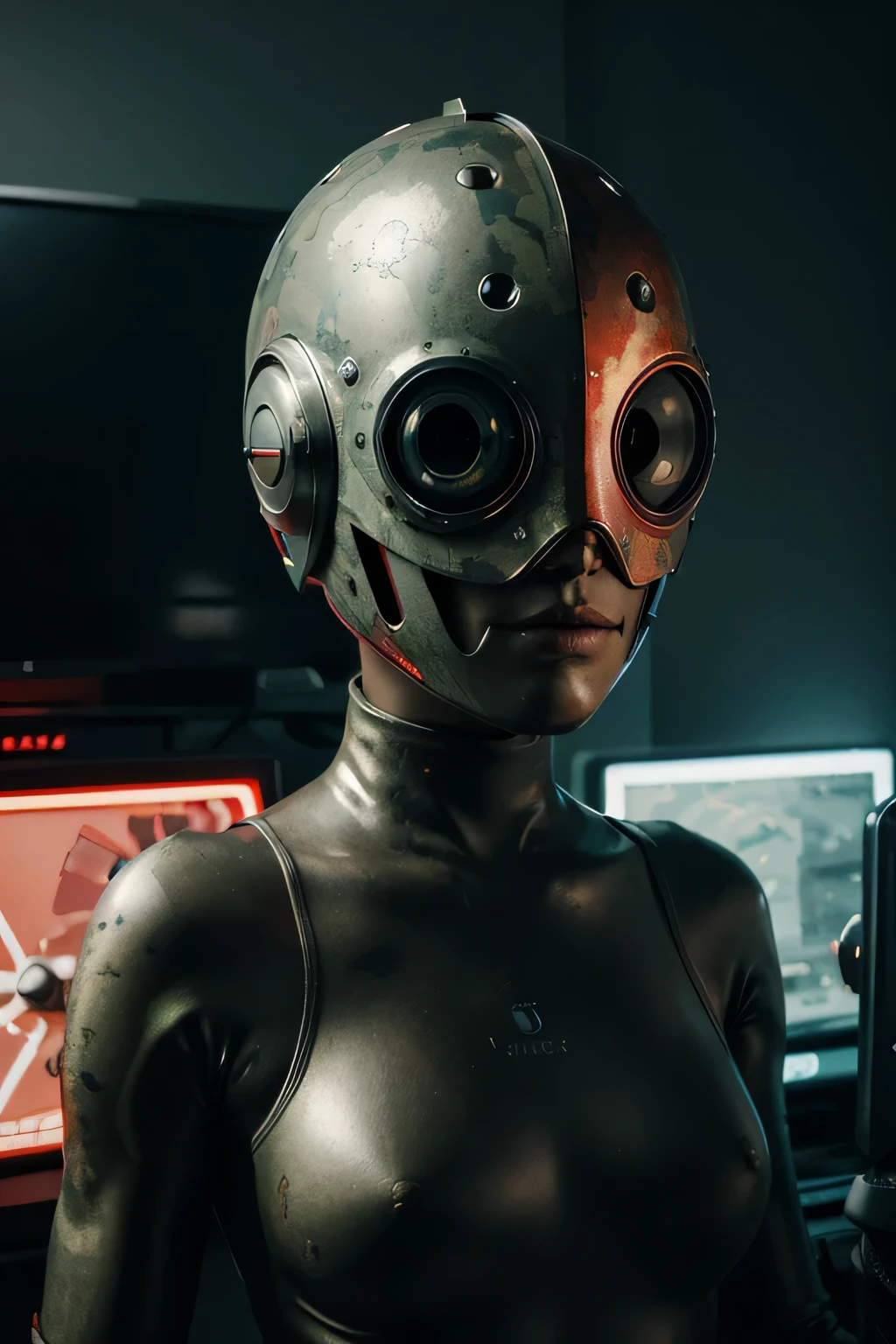 Un dibujo animado plano moderno Loco con un Big ONE, un robot con un solo ojo y un estilo de casco., pinzas en las manos, television head, cabeza de alfiler, camuflaje rojo oxidado, Super detailed ocean environment., centro, hermoso, soft lighting, centrado en el personaje, 4k resolution, renderizado fotorrealista.