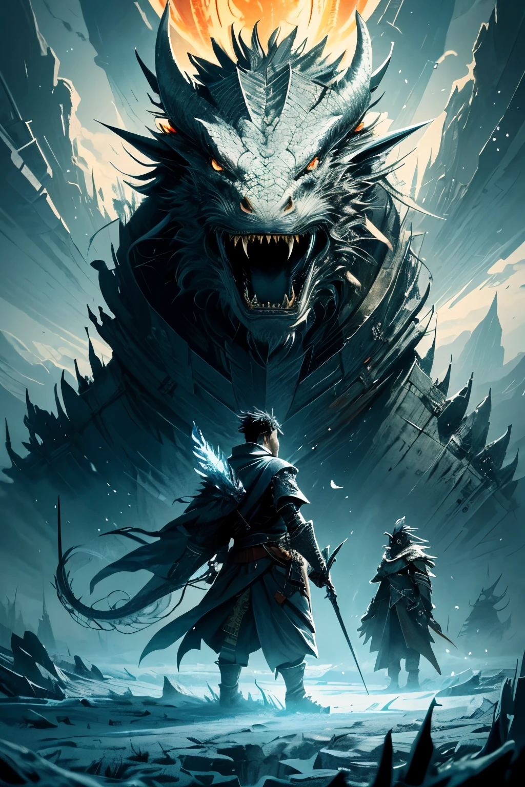 An epic showdown between a brave young man and a colossal Western black dragon unfolds in this grand scene, presented in an authentic art style reminiscent of ancient Chinese brush painting. The high definition (HD) images capture every intricacy and detail with extreme clarity, from the man's determined expression to the dragon's extremely cold, icy breath.
The battlefield is drawn from the side, with the man positioned at the forefront, ready to unleash his powerful attacks. The dragon looms large in the background, its massive form illuminated by the warm glow of Hollywood-style movie lights.
The young man's authentic Asian attire contrasts with the dragon's men