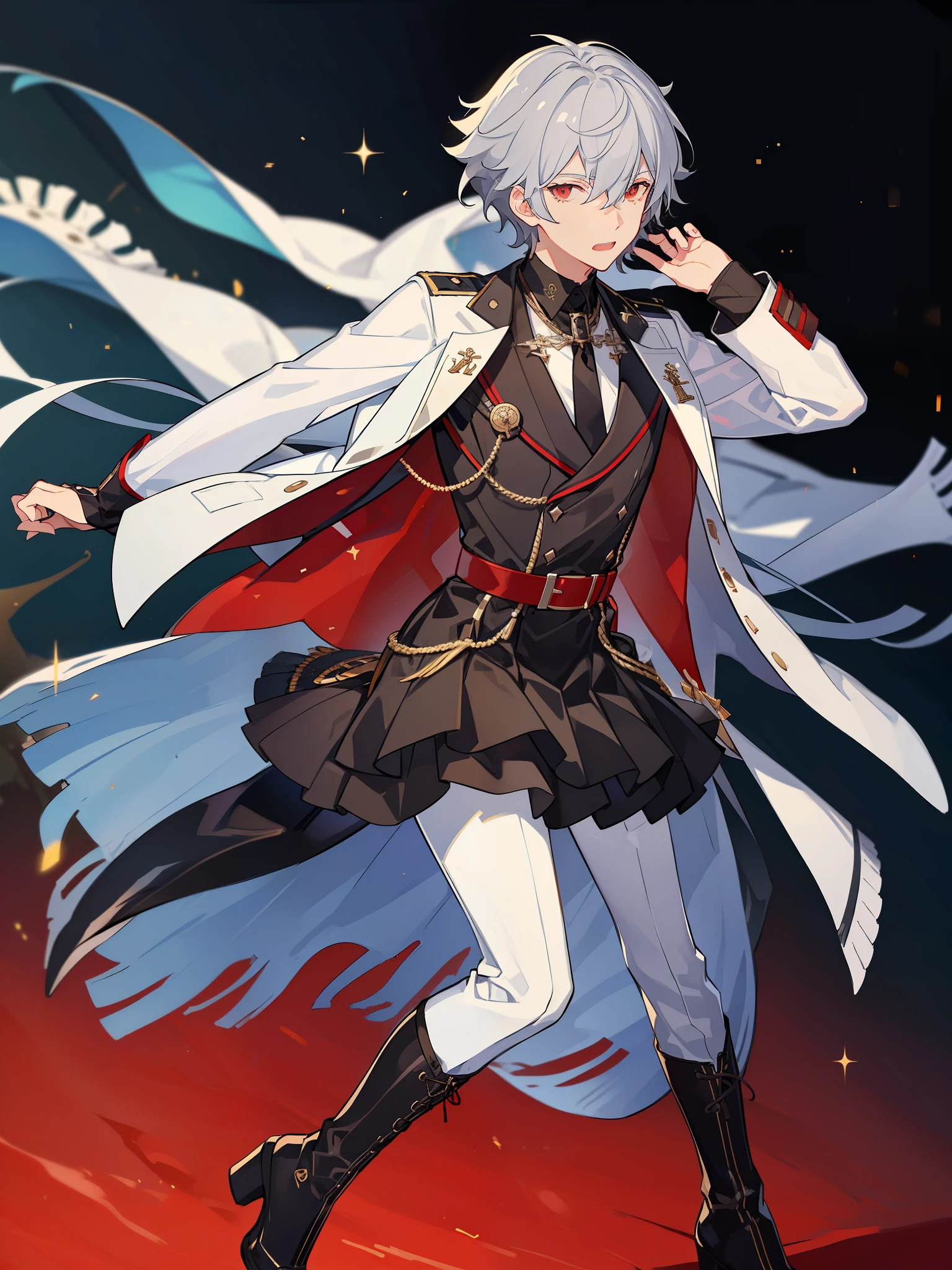 ((a boy)), silver hair, red eyes, ((idol costume)), long boots, ((individual)), ((military jacket)), ((high quality)), ((white shirt)), black tie