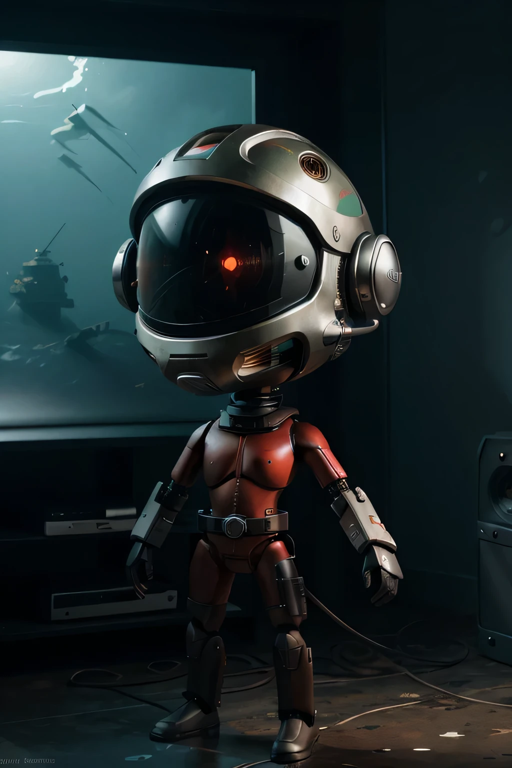 Un dibujo animado plano moderno Loco con un Big ONE, un robot con un solo ojo y un estilo de casco., pinzas en las manos, television head, cabeza de alfiler, camuflaje rojo oxidado, Super detailed ocean environment., centro, hermoso, soft lighting, centrado en el personaje, 4k resolution, renderizado fotorrealista.