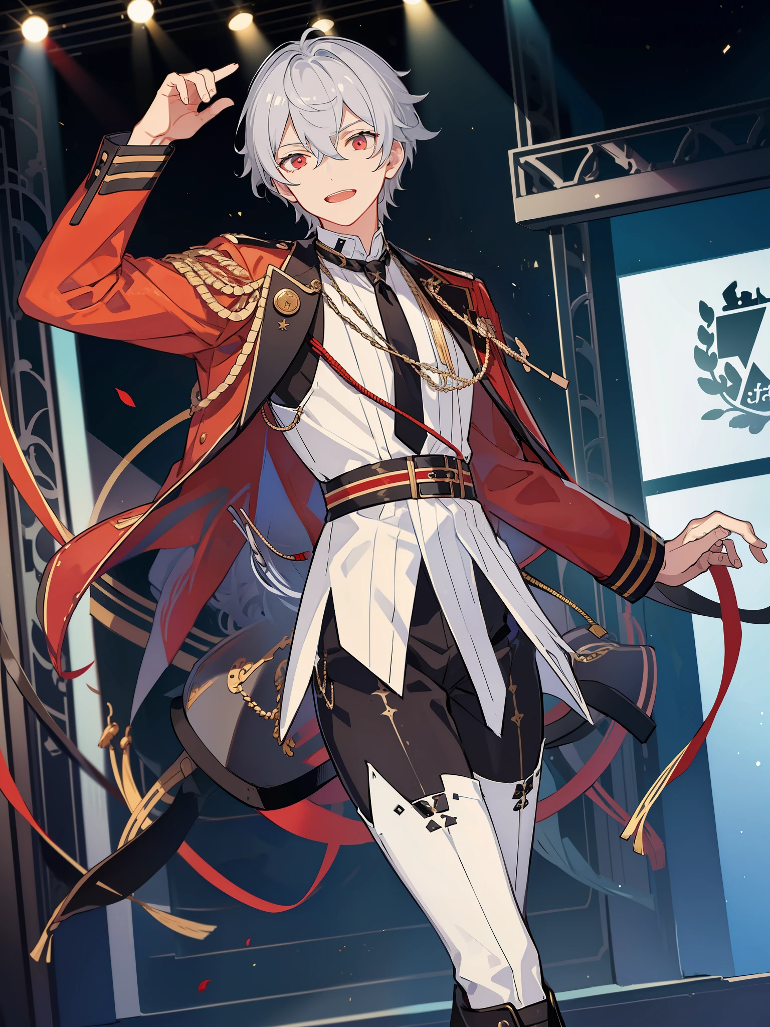 ((a boy)), silver hair, red eyes, ((idol costume)), long boots, ((individual)), ((military jacket)), ((high quality)), ((white shirt)), black tie