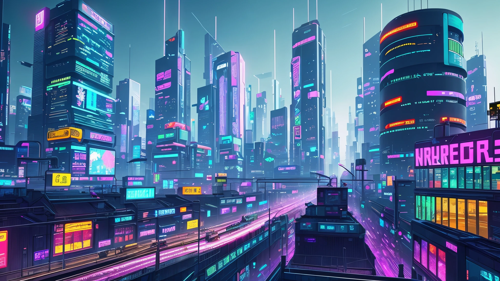 There is a city with flashing neon lights，There is a train on the tracks, hyper realistic Cyberpunk City, in a futuristic Cyberpunk City, Busy cyberpunk metropolis, future city streets, futuristic street, Cyberpunk City street, sci-fi Cyberpunk City street, Cyberpunk City, Cyberpunk Street, cyberpunk in a Cyberpunk City, in Cyberpunk City, Cyberpunk Cityscape, futuristic Cyberpunk City, beautiful Cyberpunk City