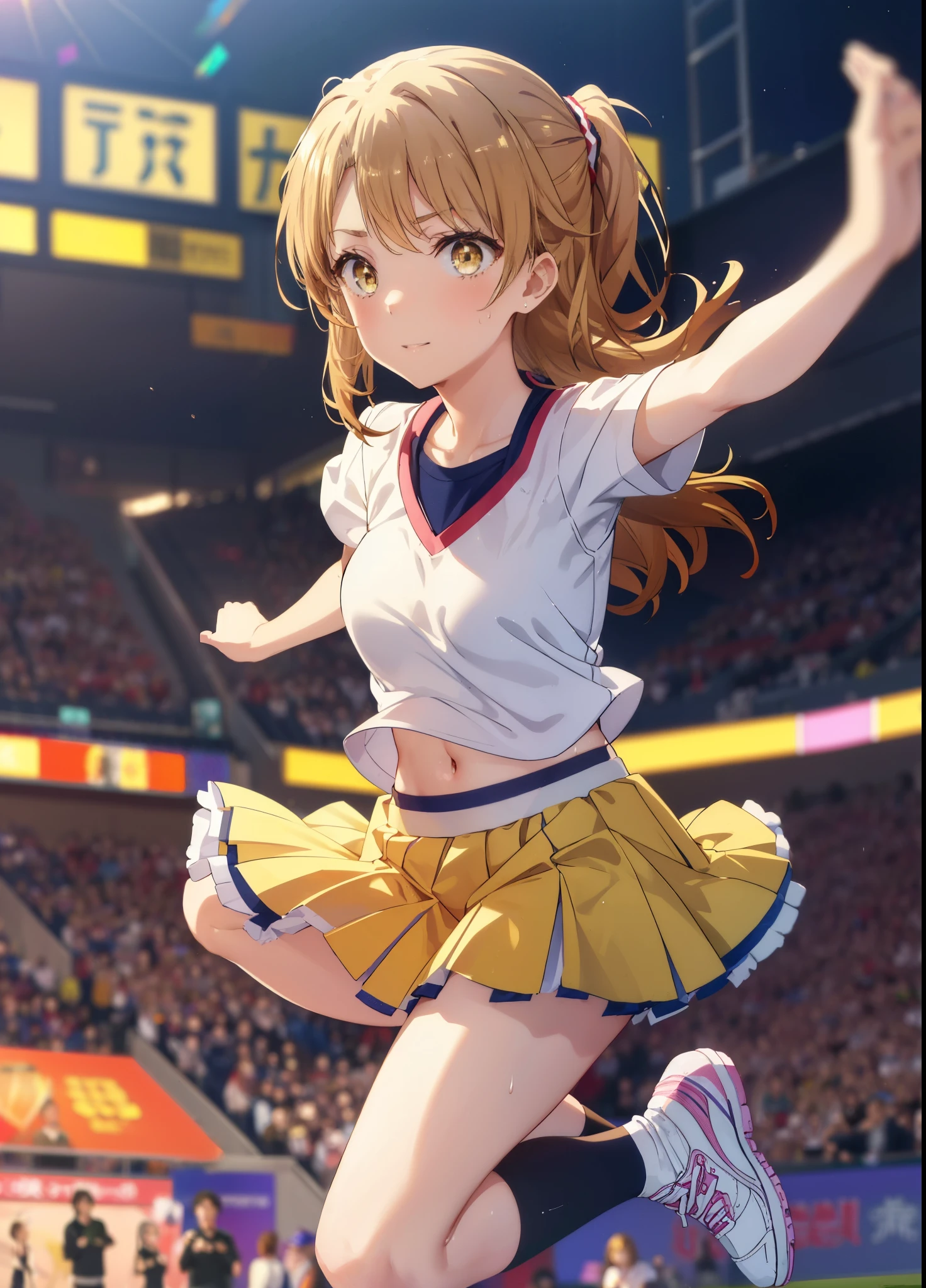irohaisshiki, Isshiki Iroha, long hair, ponytail,brown hair, (brown eyes:1.5), smile,close your mouth,(Very delicate eyes), (Cheerleader), (whole body), big breasts, lower, (sweaty), sweaty Wet Clothes, (yellow clothes), pleated skirt, striped socks,sneakers,navel support, playground, (jump), (jump), 足を曲げてjumpする,Cheerleader, pom pom \(Cheerleader\), break outdoor ,arena,運動場
break looking at viewer,
break (masterpiece:1.2), highest quality, High resolution, unity 8k wallpaper, (shape:0.8), (beautiful and detailed eyes:1.6), highly detailed face, perfect lighting, Very detailed CG, (perfect hands, perfect anatomy),
