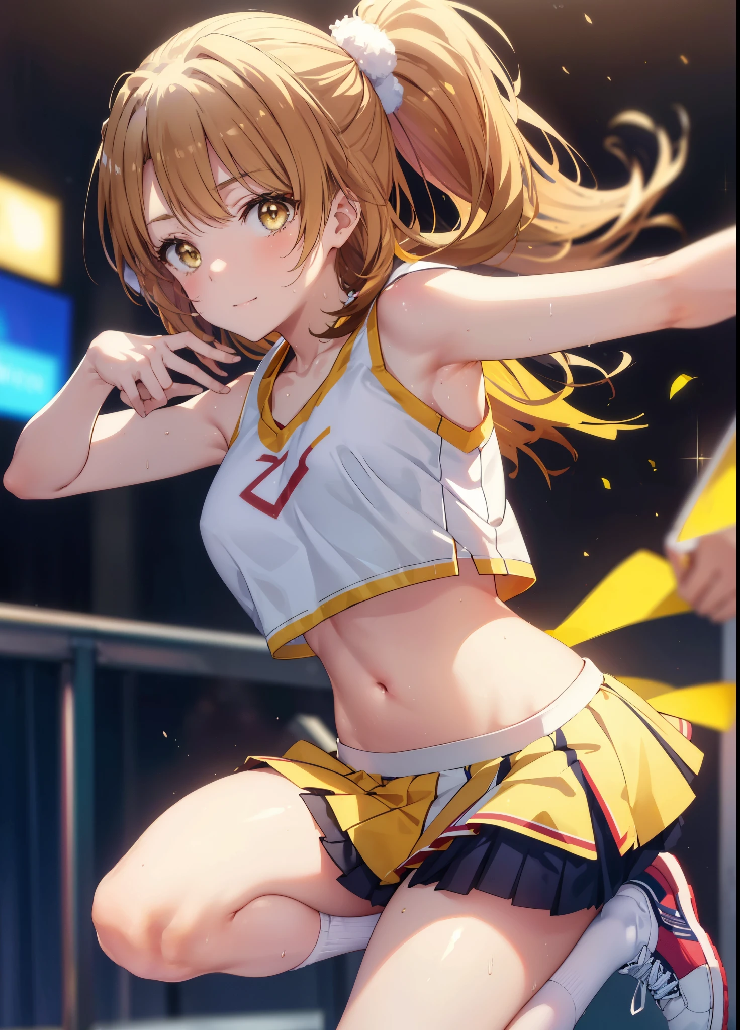 irohaisshiki, Isshiki Iroha, long hair, ponytail,brown hair, (brown eyes:1.5), smile,close your mouth,(Very delicate eyes), (Cheerleader), (whole body), big breasts, lower, (sweaty), sweaty Wet Clothes, (yellow clothes), pleated skirt, striped socks,sneakers,navel support, playground, (jump), (jump), 足を曲げてjumpする,Cheerleader, pom pom \(Cheerleader\), break outdoor ,arena,運動場
break looking at viewer,
break (masterpiece:1.2), highest quality, High resolution, unity 8k wallpaper, (shape:0.8), (beautiful and detailed eyes:1.6), highly detailed face, perfect lighting, Very detailed CG, (perfect hands, perfect anatomy),