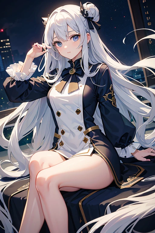 ((highest quality)), ((masterpiece)), (be familiar with), perfect face mysterious woman cute long hair silver hair Ⅾ cup Navy blue eyes whole Tokyo night shyness knife low length