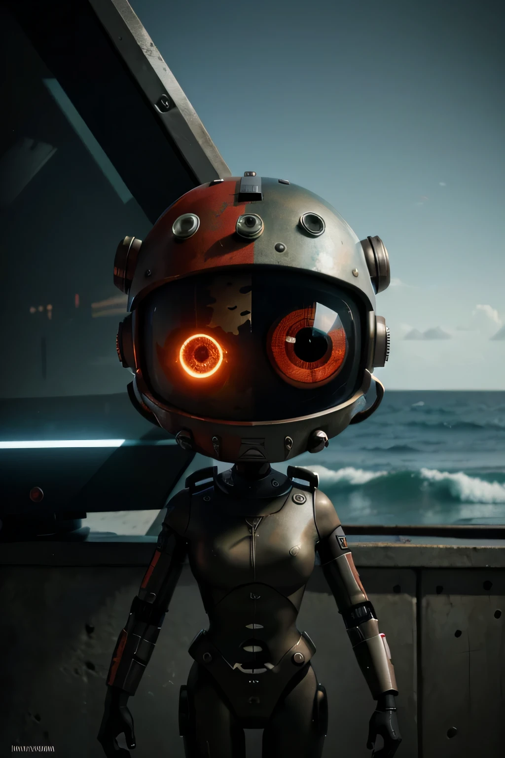 A Modern flat toon Crazy whit a Big ONE a Only Eye Robot and helmet Style, tongs in hands, Tv head, pinhead, camouflage Red Rusty, Ambient in a ocean super detailed, center, beautiful, soft lighting, focused on the character, 4K resolution, photorealistic rendering.