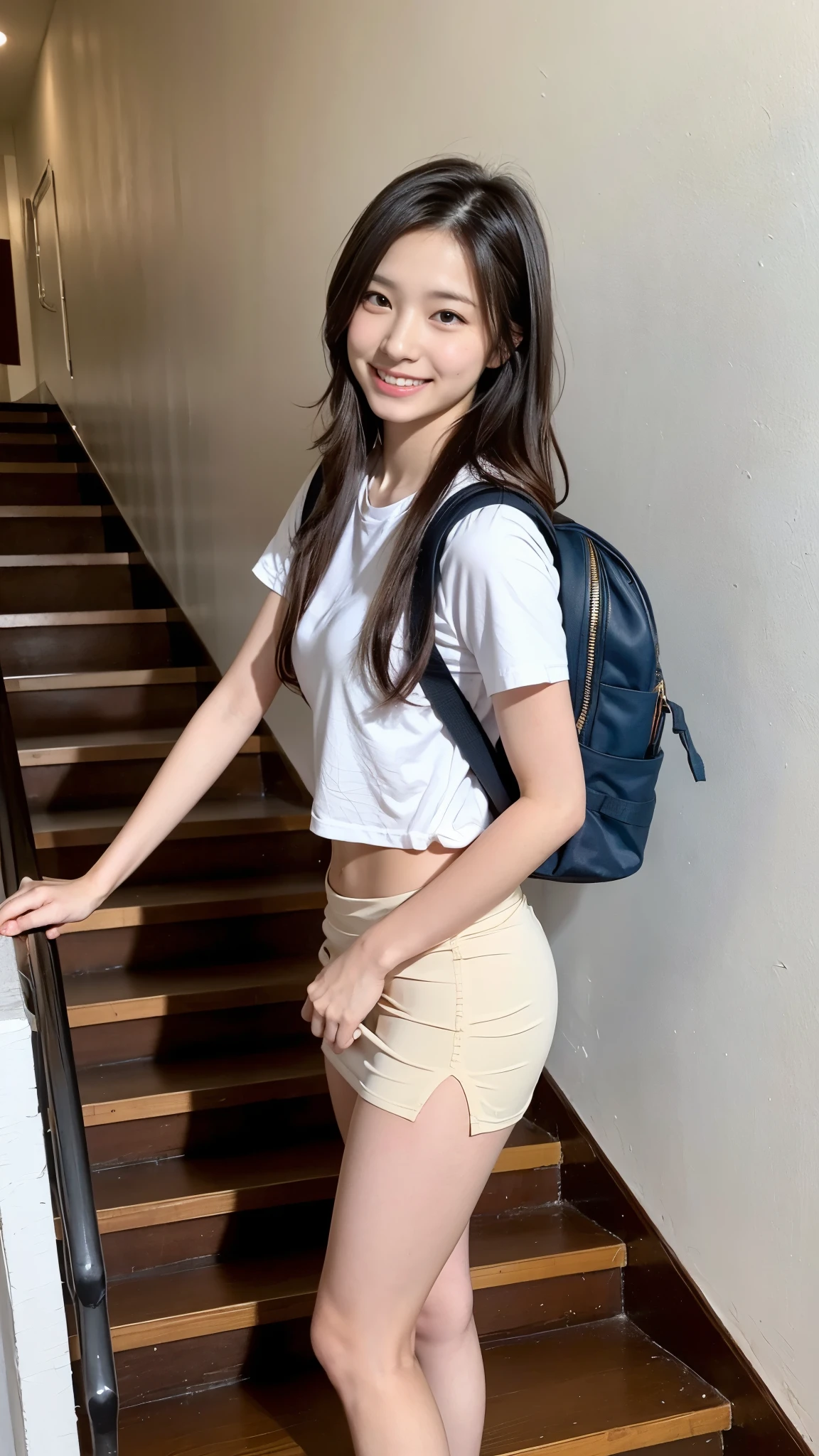 18 year old female high school girl standing on the stairs of school,white shirt,blue and red plaid miniskirt:1.5,best smile,white panties:1.5,blonde with short cut:1.5,Side waves with a short cut,Carrying a black rucksack,butt exposed:1.5,