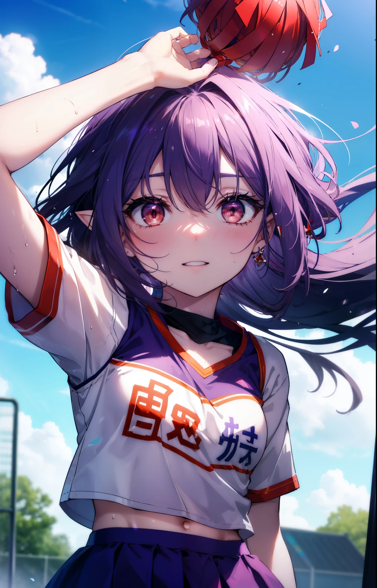 Yuki Konno, Yuki Konno, hair band, long hair, pointy ears, purple hair, (red eyes:1.5), (small breasts:1.2), open your mouth,(Very delicate eyes), (Cheerleader), (whole body), big breasts, lower, (sweaty), sweaty Wet Clothes, (purple clothes), , navel support, playground, (jump), (jump), 足を曲げてjumpする, air, blue sky, Grass原, smile,Cheerleader, pom pom \(Cheerleader\), Grass, Breaks down at the sight of the viewer., Upper body, whole body,
rest outdoors, destroy the playground (masterpiece:1.2), highest quality, High resolution, unity 8k wallpaper, (shape:0.8), (beautiful and detailed eyes:1.6), highly detailed face, perfect lighting, Very detailed CG, (perfect hands, perfect anatomy),