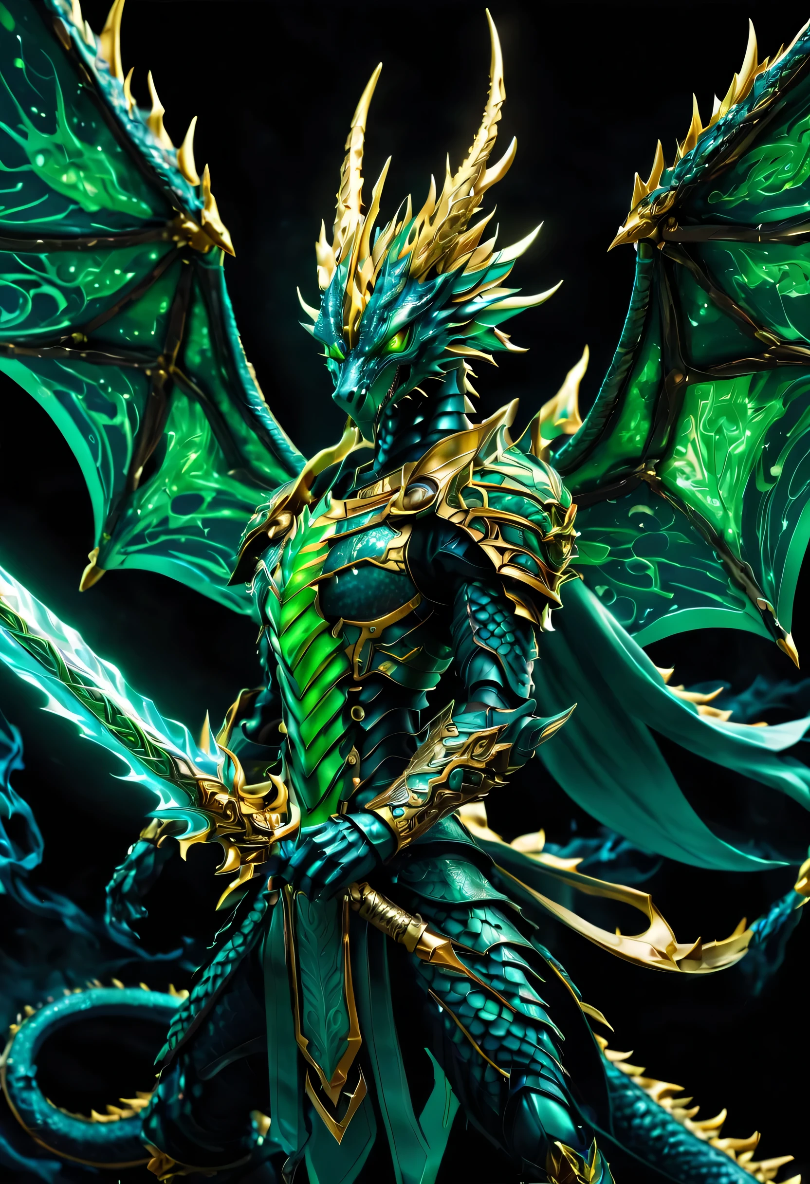 (masterpiece, best quality:1.2), Close-up of dragon holding sword, game Master art style, game Master artwork, game Master style, glowing green soul blade, Ghost knife style, game Master card, holographic blade!, game Master, Mysterious Anubis Valkyrie, dark aura, Changeling Core, flying dragon, sword