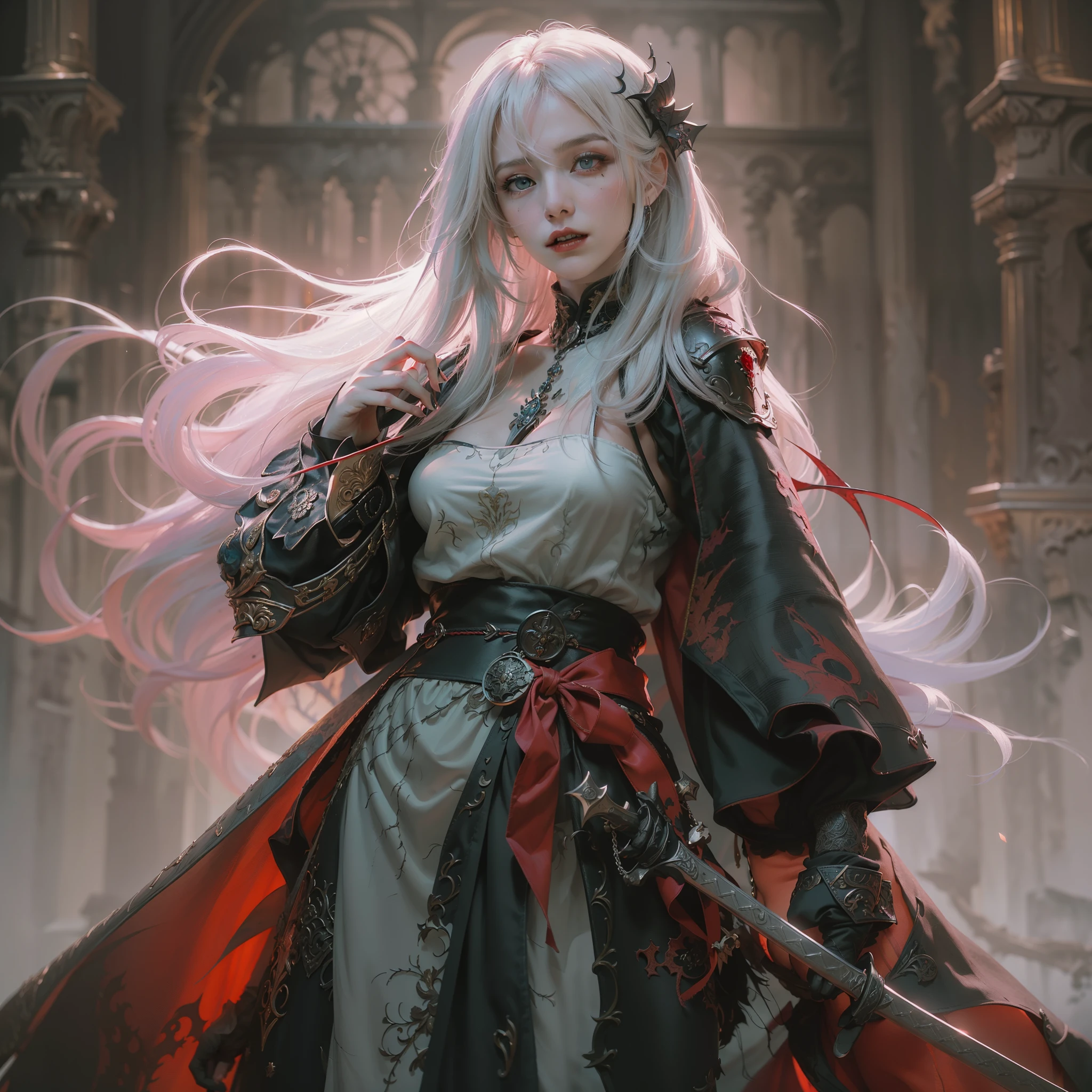 (number々Award-winning masterpieces of, with incredible detail, textures and maximum detail), (hyper Realistic:1.4), (Realistic:1.3), (Top quality real texture skins), (Aesthetic and decadent image: 1.7), ((five perfect and beautiful fingers)), (pale but beautiful face:1.5), (Red eyes shining in a fine circle: 1.2), (Finely detailed and beautiful face:1.5), (fearless and terrifying vampire warrior:1.6), (A pair of red eyes with strong red light emitting from within:1.7), (Open your mouth wide and laugh cruelly: 1.4), (Two thick, long, Sharp vampire teeth protruding from the lips: 1.6), (全longのポートレート:1.8), (Dark black full metal plated armor that covers the entire body: 1.7), (keep the handle straight, black long sword with elaborate decoration that emits an evil light: 1.7), (There is a scratch on the shape of the armor...., But delicately decorated: 1.7), ((Wandering vampire swordsman)), ((only have two arms)), ((Less skin exposure)), ((kNight in black)), (Gripping the hilt of an elaborately decorated black long sword that glows with a monstrous light:1.7), (she is wearing worn out clothes, Tattered black leather cloak), (全longのポートレート:1.8), (Delicately decorated Costume:1.4), (Anatomically correct limbs and physique:1.6), ((medieval world)), ((dramatic photography)), ((dynamic photo)), ((Cinematic light)), (looks up), (Looking down), (dramatic pose), Wind Effects and Offensive Spells, Beautiful white hair, Beautiful pink hair, Beautiful blonde hair ,black web robe, (Drifting Haze: 1.3), Old ruins infested with plants, Ruins of an old castle, Dungeon, Abandoned mine, Deserted ruins, ((Night, Twilight, Sunset, Dusk)), Battlefield, Detailed Armor, epic Realistic, ((Neutral colors)), (nffsw:1.5), (Muted colors:1.2), Hyper Detailed, Cinematic, Warm lights, Dramatic light, (Intricate details:1.1), Complex background, Art Book, (Art Book station:1.5), light effect, (Intricate details:1.1), Complex background, (Greg Rutkowski:0.8), (teal and orange:0.4),