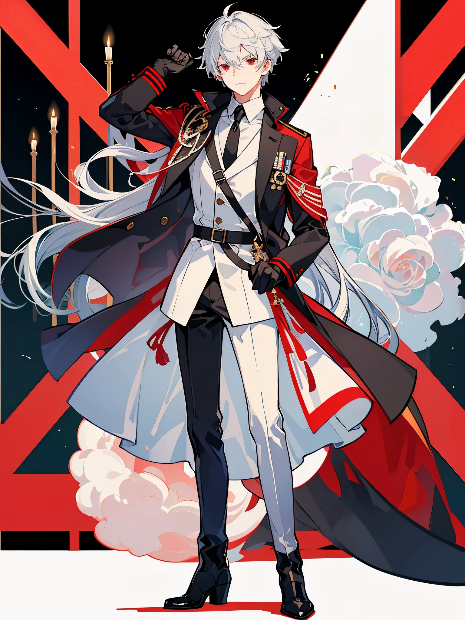 ((a boy)), silver hair, red eyes, ((idol costume)), long boots, ((individual)), ((military jacket)), ((high quality)), ((white shirt)), black tie
