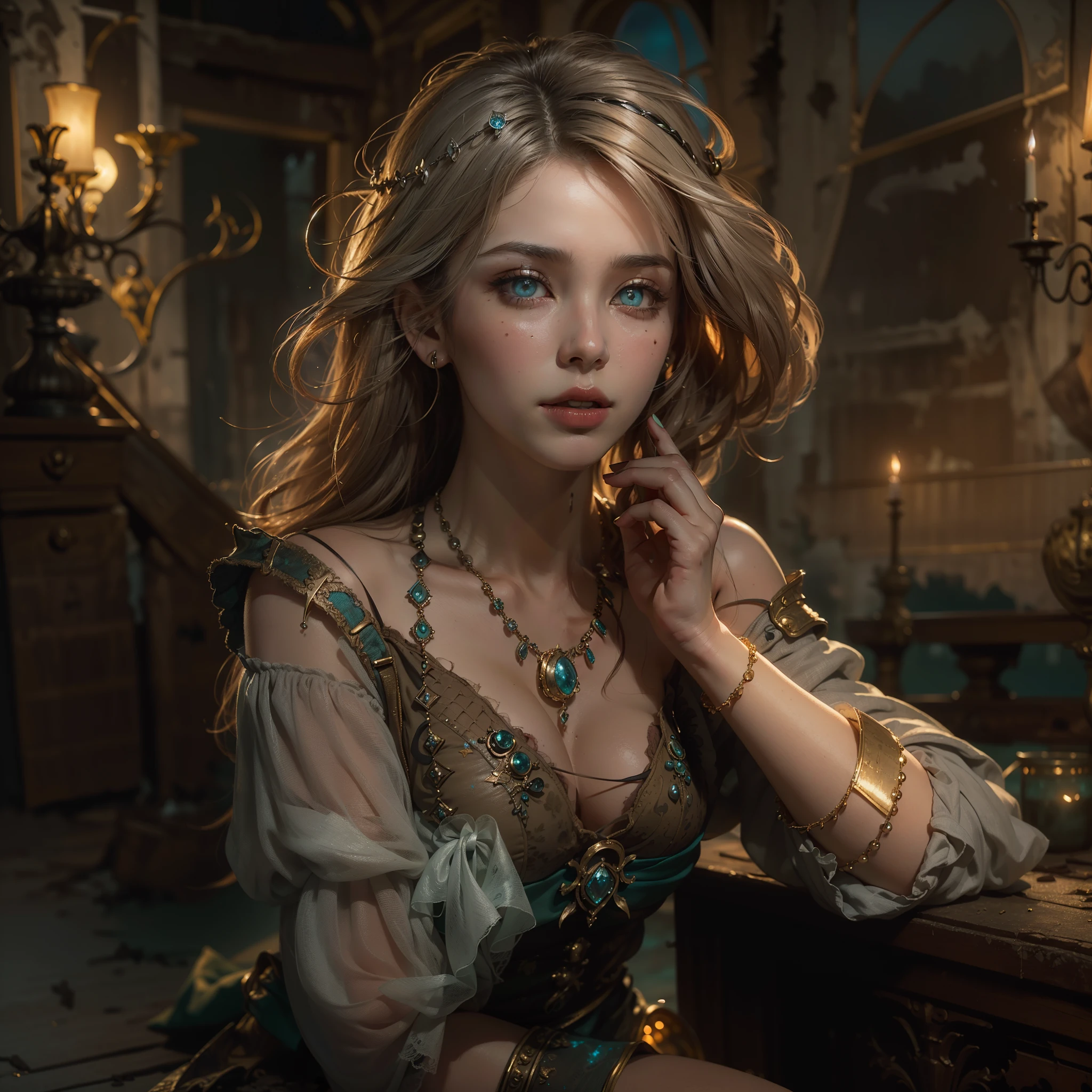 (Award-winning masterpiece, incredibly detailed texture, maximum detail), (surreal:1.4), (full body view:1.9), (close-up of upper body:0.3), (top quality realistic textured skin), (, (anatomically perfect and beautiful style:)1.9), (female pirate), (seductive smile), (precise, perfectly round, symmetrical eyes), (dense, beautiful face: 1.8), (fair but beautiful skin and face: 1.8), (pirate ship), (beautiful sea), (delicately crafted accessories), (treasure), (bioluminescent, fascinating, mysterious eyes: 1.7), (corrupted beauty:)1.6), (sexy clothes: 1.8), (elegant accessories: 1.8), (revealing skin: 1.8), (moonlight: 1.7), ((dramatic photo)), ((cinematic light)), (full-length portrait: 1.9), (sensual and seductive pose: 1.6), (smoke effect and seductive light: 1.4), beautiful blonde hair, beautiful silver hair, red hair, wind effects, (drifting pheromones:1.3), (dilapidated medieval mansion:1.6), sunset, grand reality, (faded), (faded), ((neutral colors)), (HDR:1.5), (somber colors:1.2), detailed, (Art Stations:1.5), cinematic, warm light, light effects, dramatic light, (complex details:1.1), complex background, (greg latkowski:0.8), (teal and orange:0.4), magnificent ocean