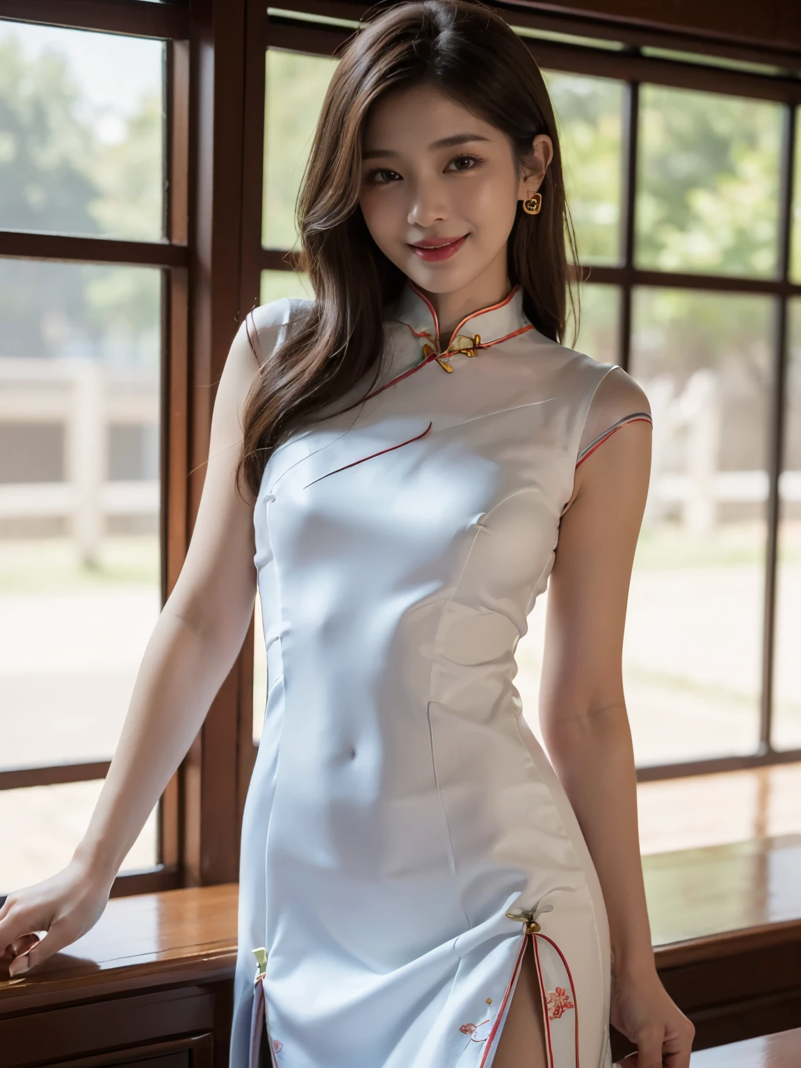 ((((highest quality))))、(((Ultra-precision CG16K wallpaper)))、(((masterpiece)))、(((Super detailed)))、(((super extreme details)))、1people's women、mature woman、25 year old woman、((Korean face))、((very beautiful face))、((Zuo々Ki Nozomi:1.5))、((Soft wave semi-long hair:1.3))、(shiny hair)、bangs up to eyebrows、beautiful brown hair、beautiful delicate eyes、brown eyes、raised eyebrows、high nose、small nostrils、small mouth、seductive lips、mouth slightly open、beautiful breasts、C cup size breasts、cleavage、plump body、perfect proportions、perfect anatomy、perfect composition、beautiful detailed shading、beautiful natural lighting、beautiful detail glow、Depth of the bounds written、(((High chroma)))、(((real:1.9)))、((vivid:1.4))、((beautiful skin))、((skin texture))、((realな皮膚感))、(((cowboy shot:1.5)))、((Angle seen from the front:1.5))、((smile:1.4))、(Eyes looking at me:1.5)、bright sunshine、(((port:1.3)))、(standing pose:1.5)、(((White double slit mini cheongsam dress:1.5)))、