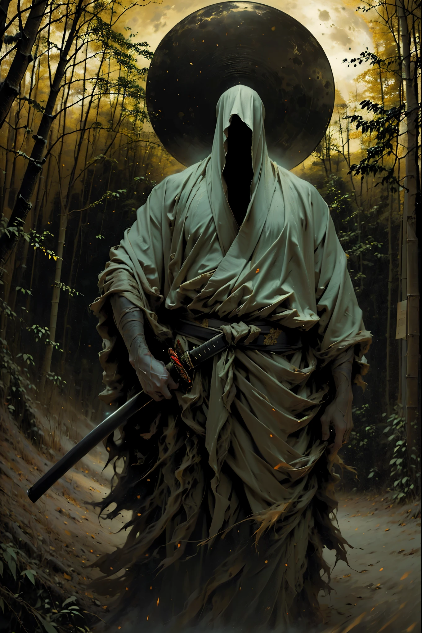 (best quality, 4k, highres, masterpiece:1.2), ultra-detailed, (realistic, photorealistic, photo-realistic:1.37), a man dressed as a samurai stands in the rain, wearing a bamboo hat (kasa) on his head. He is surrounded by a dense forest, alive with the sounds of nature. It's a moonlit night, and the darkness adds to the mysterious ambiance. The man is wearing a black kimono with neon red stripes that glow in the darkness, making him stand out in the scene. His sword (katana) is unsheathed, ready for action in the face of imminent disasters.