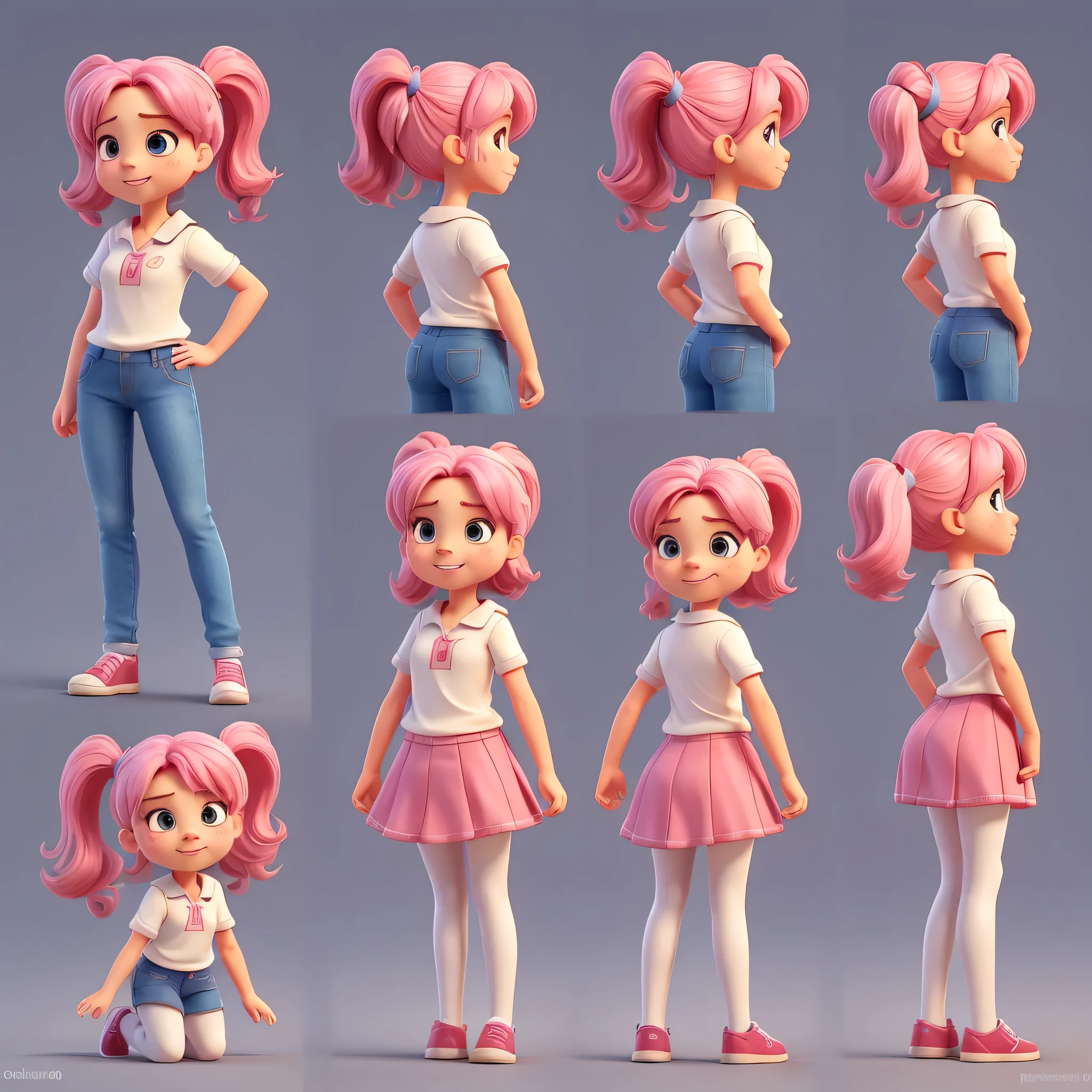 Gib mir ein Charakterblatt, unterschiedliche Posen mit unterschiedlichem Gesichtsausdruck einer Figur zeigen, Ihr Name ist Jana Jiki. Kein Hintergrund, White background, Different poses and expressions, , Sie ist 11 Jahre alt und hat rosa Haare, Niedlich, Posen von vorne und von hinten der Figur, All poses are full body poses from head to toe, different facial expressions such as happy, sad and angry, Konsistenter Charakter, even hair, Twin ponytails, Klein, Full body view, einheitliche Kleidung