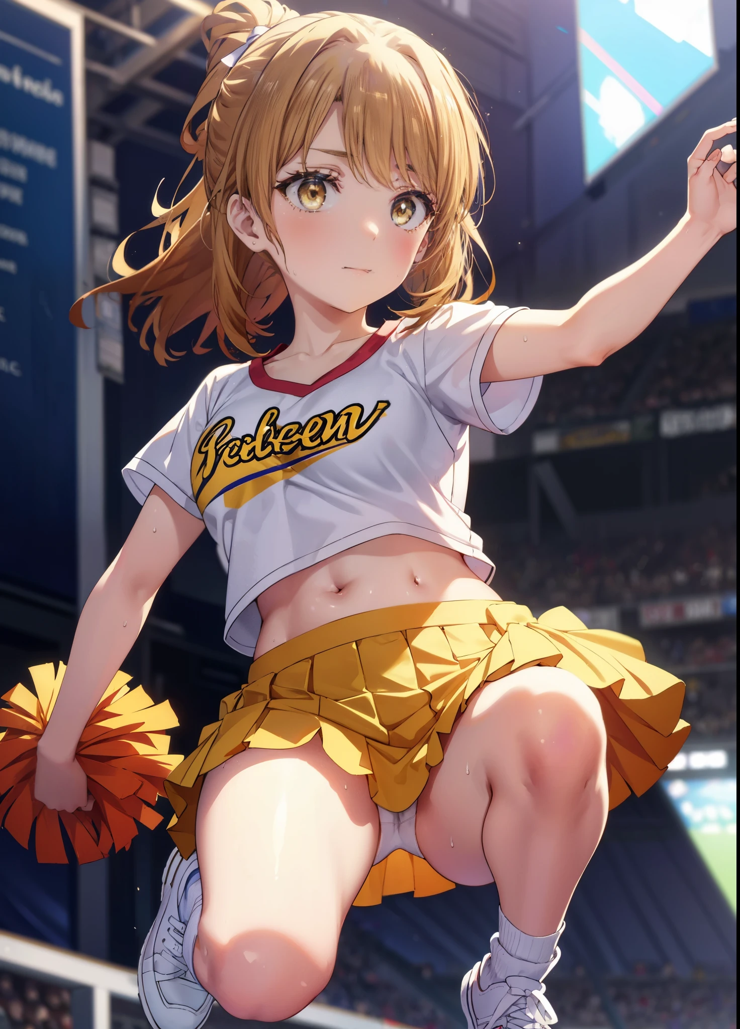 irohaisshiki, Isshiki Iroha, long hair, ponytail,brown hair, (brown eyes:1.5), smile,close your mouth,(Very delicate eyes), (Cheerleader), (whole body), big breasts, lower, (sweaty), sweaty Wet Clothes, (yellow clothes), pleated skirt, striped socks,sneakers,navel support, playground, (jump), (jump), 足を曲げてjumpする,Cheerleader, pom pom \(Cheerleader\), break outdoor ,arena,運動場
break looking at viewer,
break (masterpiece:1.2), highest quality, High resolution, unity 8k wallpaper, (shape:0.8), (beautiful and detailed eyes:1.6), highly detailed face, perfect lighting, Very detailed CG, (perfect hands, perfect anatomy),