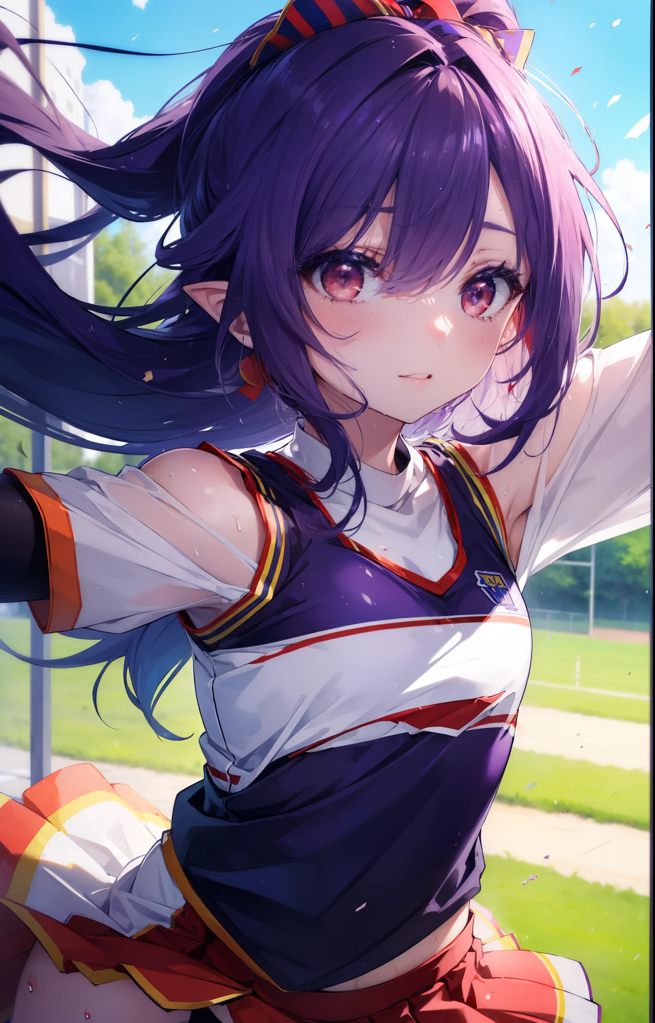 Yuki Konno, Yuki Konno, hair band, long hair, pointy ears, purple hair, (red eyes:1.5), (small breasts:1.2),pom pomーを両手で持っている, shyness,(Very delicate eyes), (Cheerleader), (whole body), lower, (sweaty), sweaty Wet Clothes, (purple clothes), , navel support, playground, (jump), (jump), 足を曲げてjumpする, air, blue sky, Grass原, smile,Cheerleader, pom pom \(Cheerleader\), Grass, look at the audience, break outdoor ,arena,playground , break looking at viewer, break (masterpiece:1.2), highest quality, High resolution, unity 8k wallpaper, (shape:0.8), (beautiful and detailed eyes:1.6), highly detailed face, perfect lighting, Very detailed CG, (perfect hands, perfect anatomy),