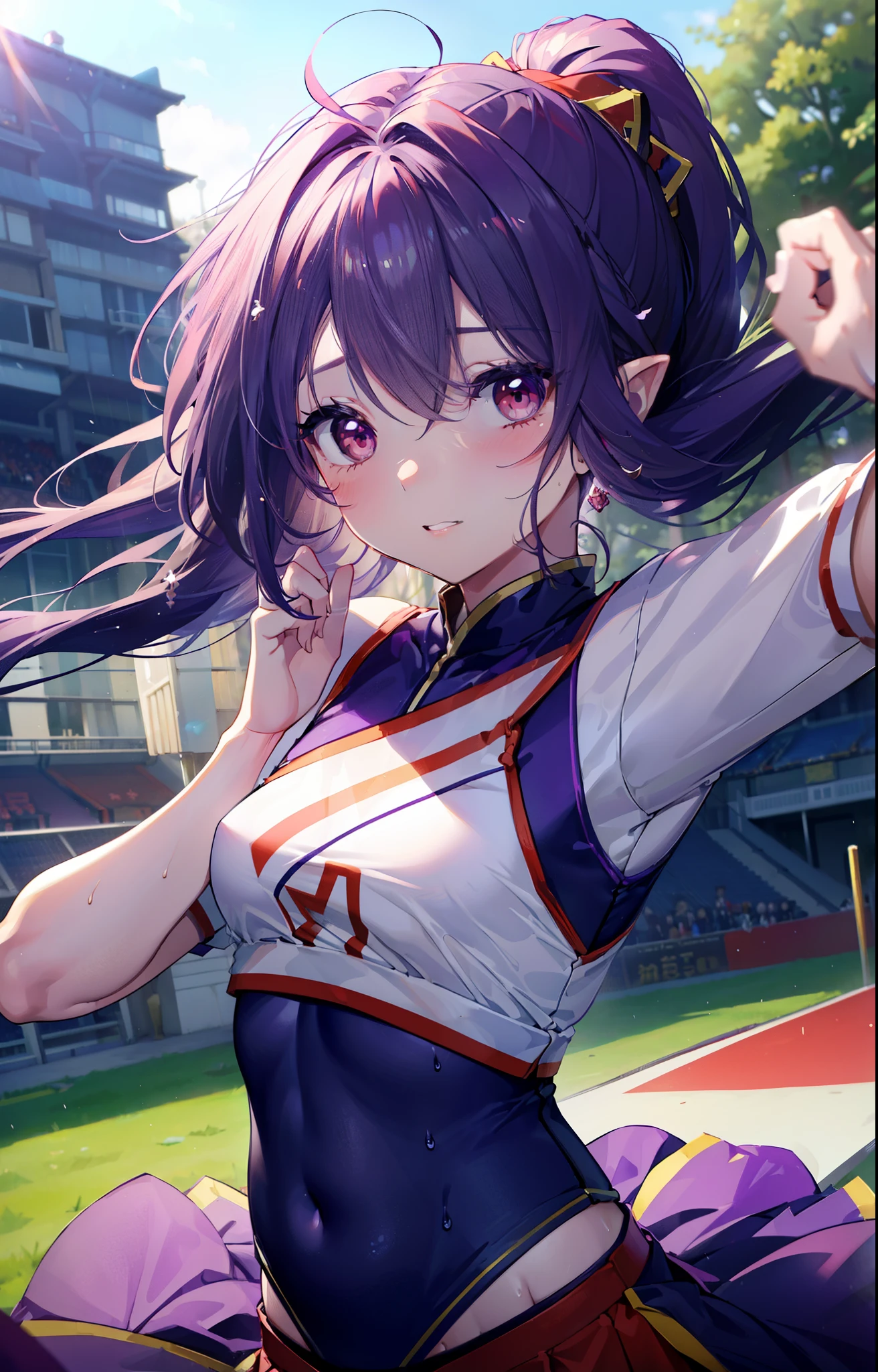 Yuki Konno, Yuki Konno, hair band, long hair, pointy ears, purple hair, (red eyes:1.5), (small breasts:1.2), open your mouth,(Very delicate eyes), (Cheerleader), (whole body), big breasts, lower, (sweaty), sweaty Wet Clothes, (purple clothes), , navel support, playground, (jump), (jump), 足を曲げてjumpする, air, blue sky, Grass原, smile,Cheerleader, pom pom \(Cheerleader\), Grass, Breaks down at the sight of the viewer., Upper body, whole body,
rest outdoors, destroy the playground (masterpiece:1.2), highest quality, High resolution, unity 8k wallpaper, (shape:0.8), (beautiful and detailed eyes:1.6), highly detailed face, perfect lighting, Very detailed CG, (perfect hands, perfect anatomy),