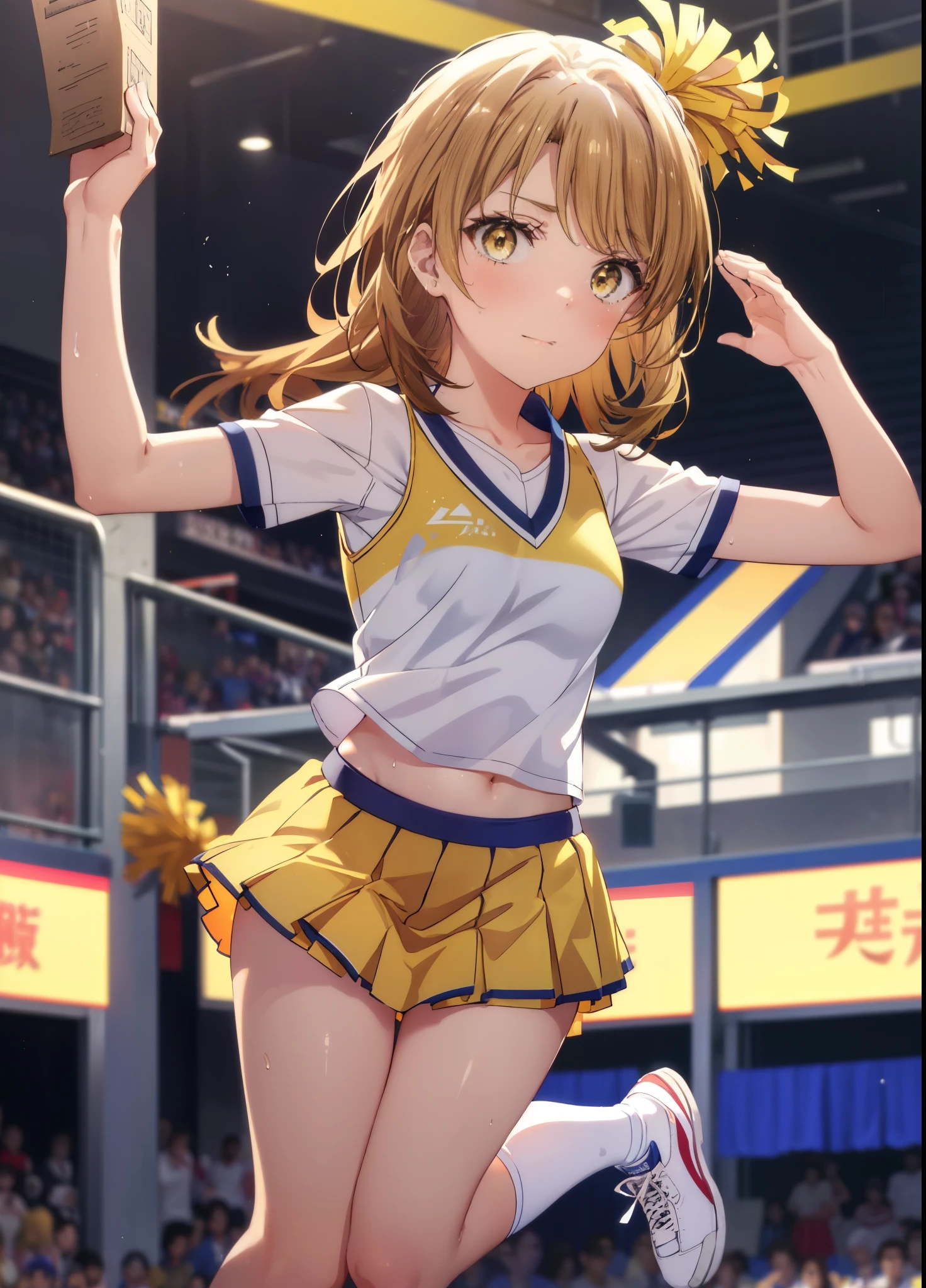 irohaisshiki, Isshiki Iroha, long hair, ponytail,brown hair, (brown eyes:1.5), smile,close your mouth,(Very delicate eyes), (Cheerleader), (whole body), big breasts, lower, (sweaty), sweaty Wet Clothes, (yellow clothes), pleated skirt, striped socks,sneakers,navel support, playground, (jump), (jump), 足を曲げてjumpする,Cheerleader, pom pom \(Cheerleader\), break outdoor ,arena,運動場
break looking at viewer,
break (masterpiece:1.2), highest quality, High resolution, unity 8k wallpaper, (shape:0.8), (beautiful and detailed eyes:1.6), highly detailed face, perfect lighting, Very detailed CG, (perfect hands, perfect anatomy),