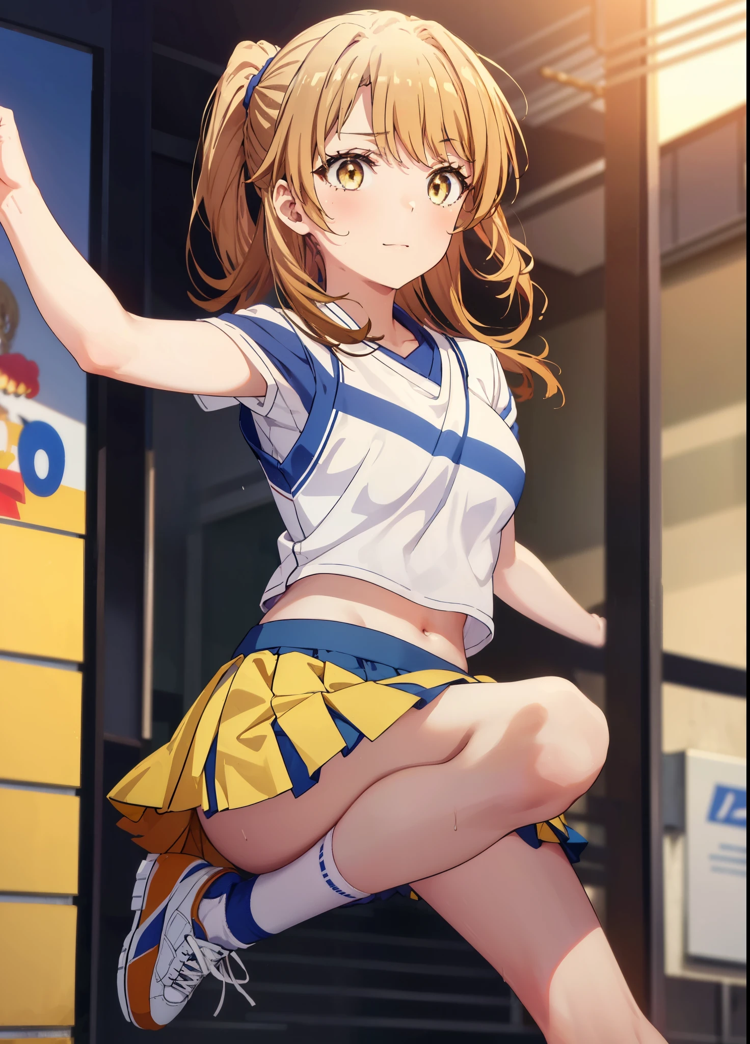 irohaisshiki, Isshiki Iroha, long hair, ponytail,brown hair, (brown eyes:1.5), smile,close your mouth,(Very delicate eyes), (Cheerleader), (whole body), big breasts, lower, (sweaty), sweaty Wet Clothes, (yellow clothes), pleated skirt, striped socks,sneakers,navel support, playground, (jump), (jump), 足を曲げてjumpする,Cheerleader, pom pom \(Cheerleader\), break outdoor ,arena,運動場
break looking at viewer,
break (masterpiece:1.2), highest quality, High resolution, unity 8k wallpaper, (shape:0.8), (beautiful and detailed eyes:1.6), highly detailed face, perfect lighting, Very detailed CG, (perfect hands, perfect anatomy),