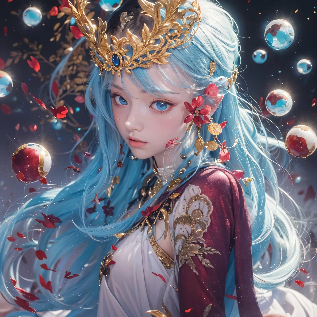 Yellow blue colors，enamel，agate，A flesh-colored world，Blood Blue Maiden 32k（masterpiece，HD，Aoyama Pond，Ultra high quality，32k）long flowing bright blue hair，blood pool，Ziddink， a color，Grumpy （After greeting）， （Linen scarf）， fighting stance， looking at the ground， long white hair， Floating bright blue， Fire cloud gold headdress， Chinese long-sleeved gold silk burgundy garment， （Abstract metaverse splash：1.2）， White background，Peony flower vitality protector（realistically：1.4），bright purple hair，Smoke on the road，The background is very pure， high resolution， detail， RAW photos， Sharp Re， Nikon D850 film photo by Jefferies Lee 4 Kodak Portra 400 camera F1.6 guns, colorful, Ultra-realistic and vivid textures, dramatic lighting, Unreal Engine Art Station Trend, Sinest 800，一个有着long flowing bright blue hair的女孩，huge colorful bubbles