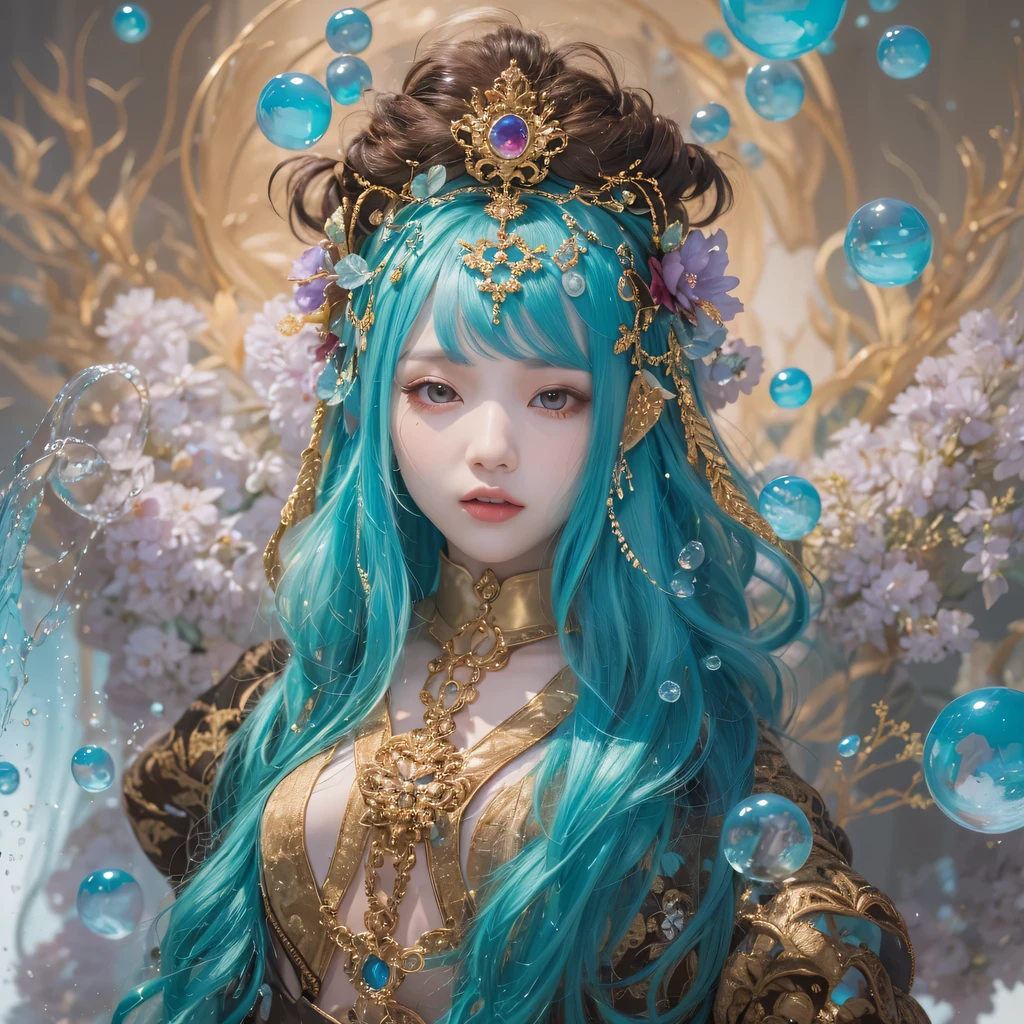 Yellow blue colors,enamel,agate,A flesh-colored world,Blood Blue Maiden 32k(masterpiece,HD,Aoyama Pond,Ultra high quality,32k)long flowing bright blue hair,blood pool,Ziddink, a color,Grumpy (After greeting), (Linen scarf), fighting stance, looking at the ground, long white hair, Floating bright blue, Fire cloud gold headdress, Chinese long-sleeved gold silk burgundy garment, (Abstract metaverse splash:1.2), White background,Peony flower vitality protector(realistically:1.4),bright purple hair,Smoke on the road,The background is very pure, high resolution, detail, RAW photos, Sharp Re, Nikon D850 film photo by Jefferies Lee 4 Kodak Portra 400 camera F1.6 guns, colorful, Ultra-realistic and vivid textures, dramatic lighting, Unreal Engine Art Station Trend, Sinest 800,一个有着long flowing bright blue hair的女孩,huge colorful bubbles